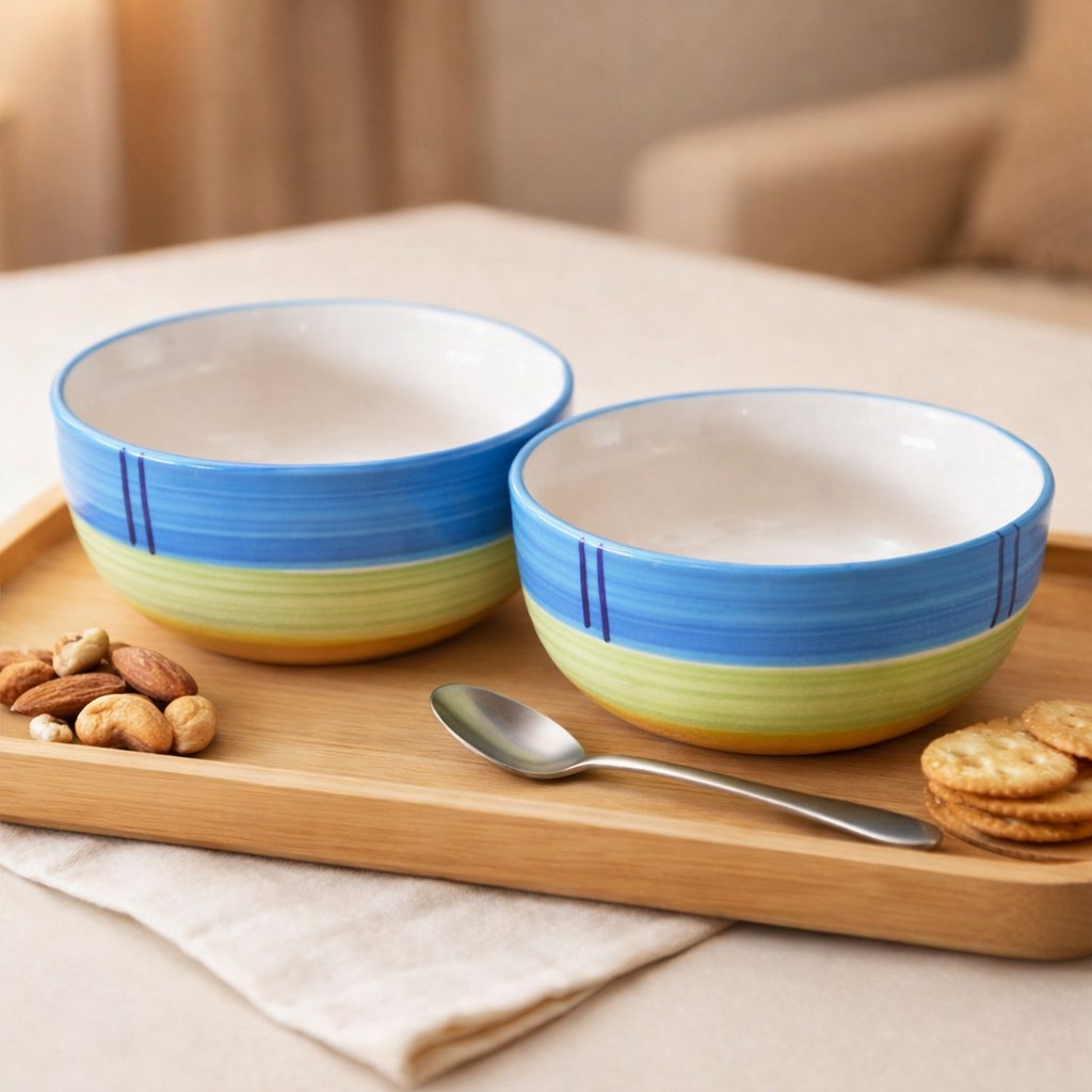 Kunhar Ceramic Serving Bowls (Green, 400 ml) - 2 Pieces