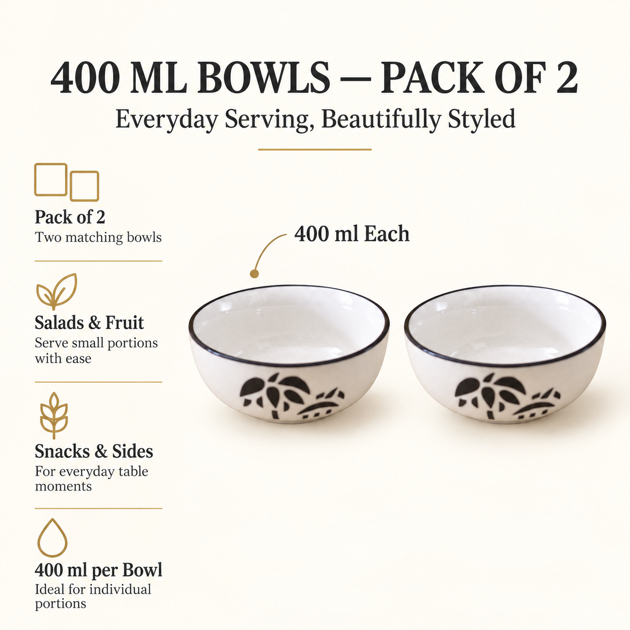 KunhaR Ceramic Serving Bowls, 400 ml Each, Set of 2, Coconut White, Small Bowls for Soup, Rice, Curry, Snacks and Desserts - Image 7