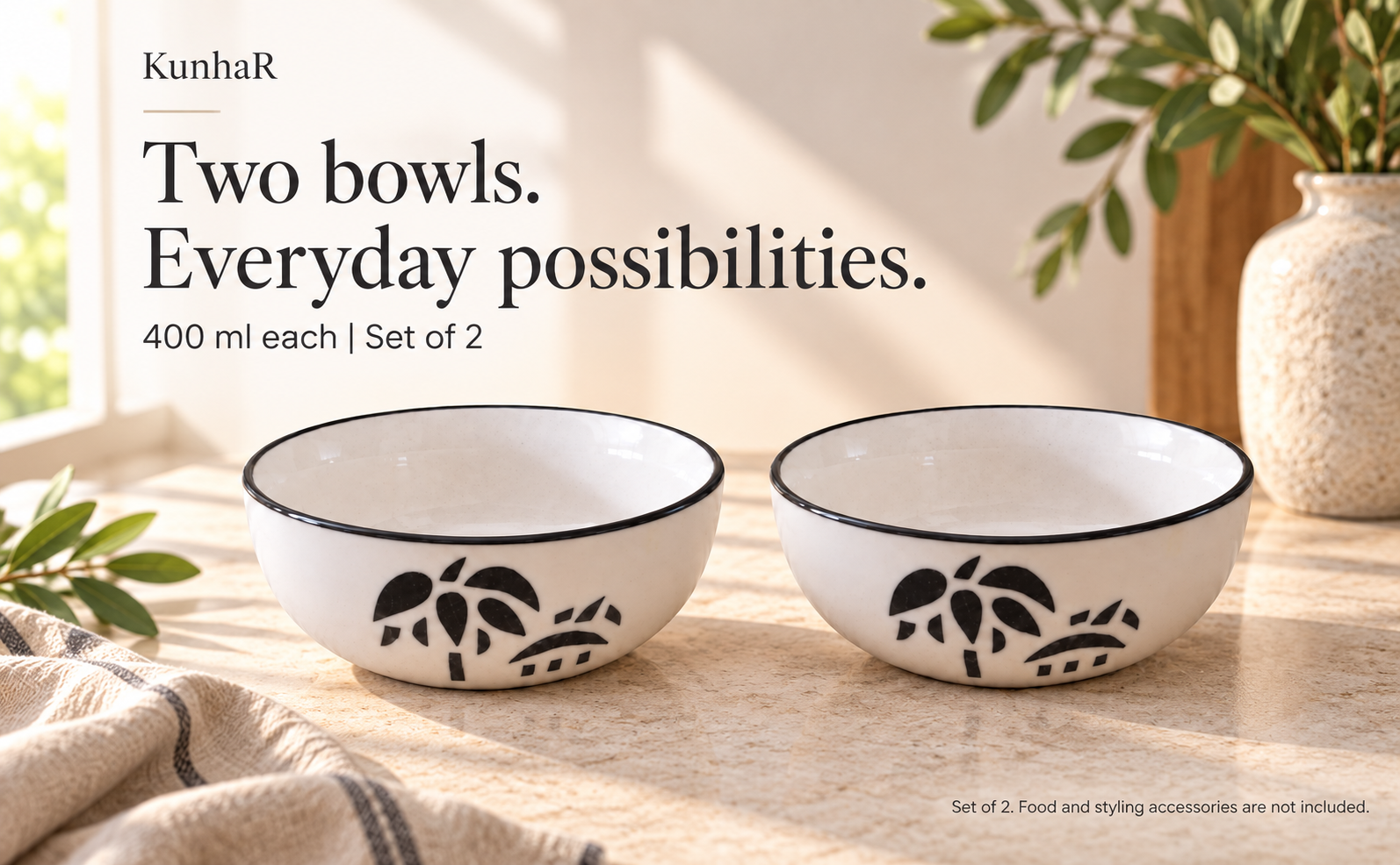 KunhaR Ceramic Serving Bowls, 400 ml Each, Set of 2, Coconut White, Small Bowls for Soup, Rice, Curry, Snacks and Desserts — hero