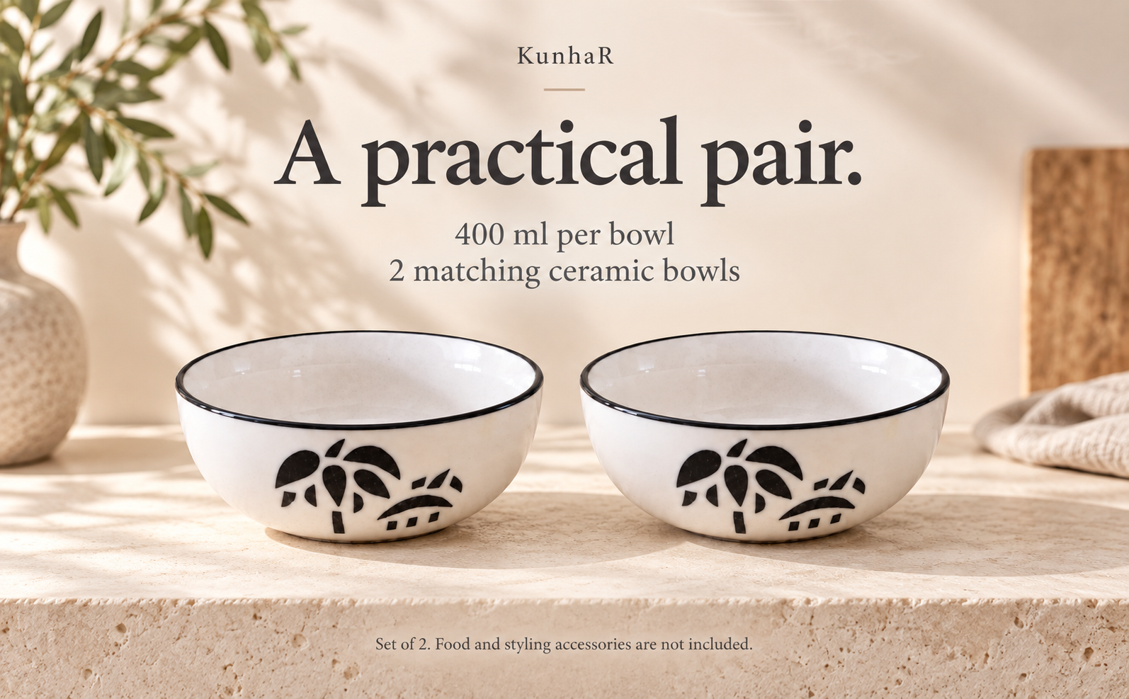 KunhaR Ceramic Serving Bowls, 400 ml Each, Set of 2, Coconut White, Small Bowls for Soup, Rice, Curry, Snacks and Desserts — capacity