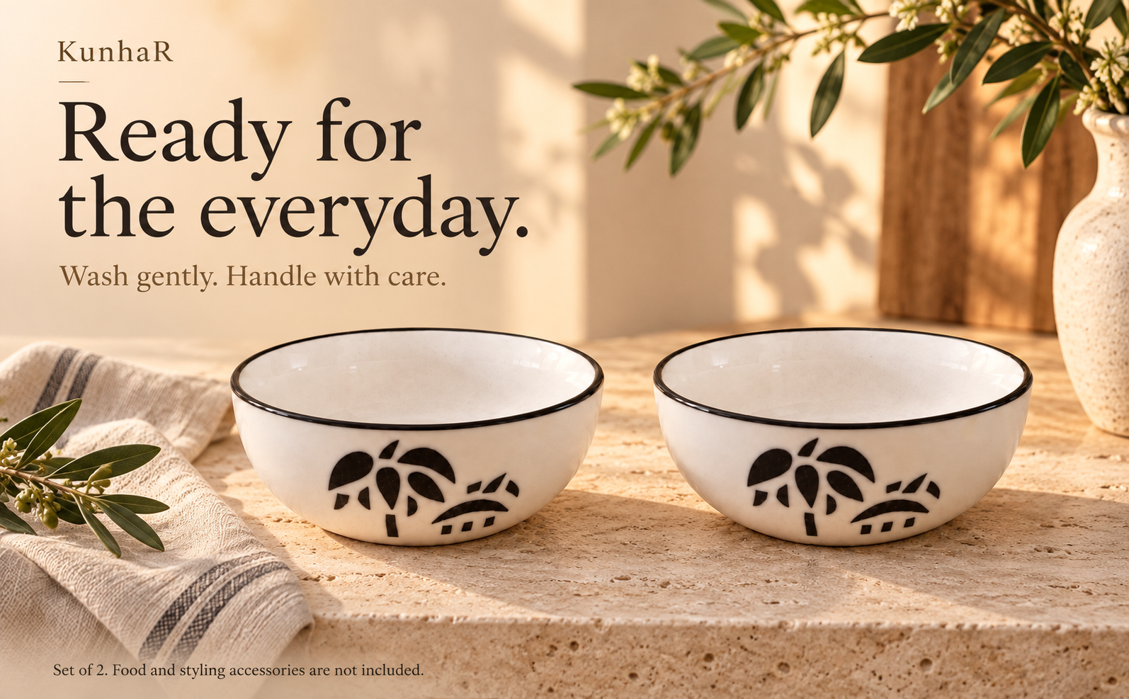 KunhaR Ceramic Serving Bowls, 400 ml Each, Set of 2, Coconut White, Small Bowls for Soup, Rice, Curry, Snacks and Desserts — care
