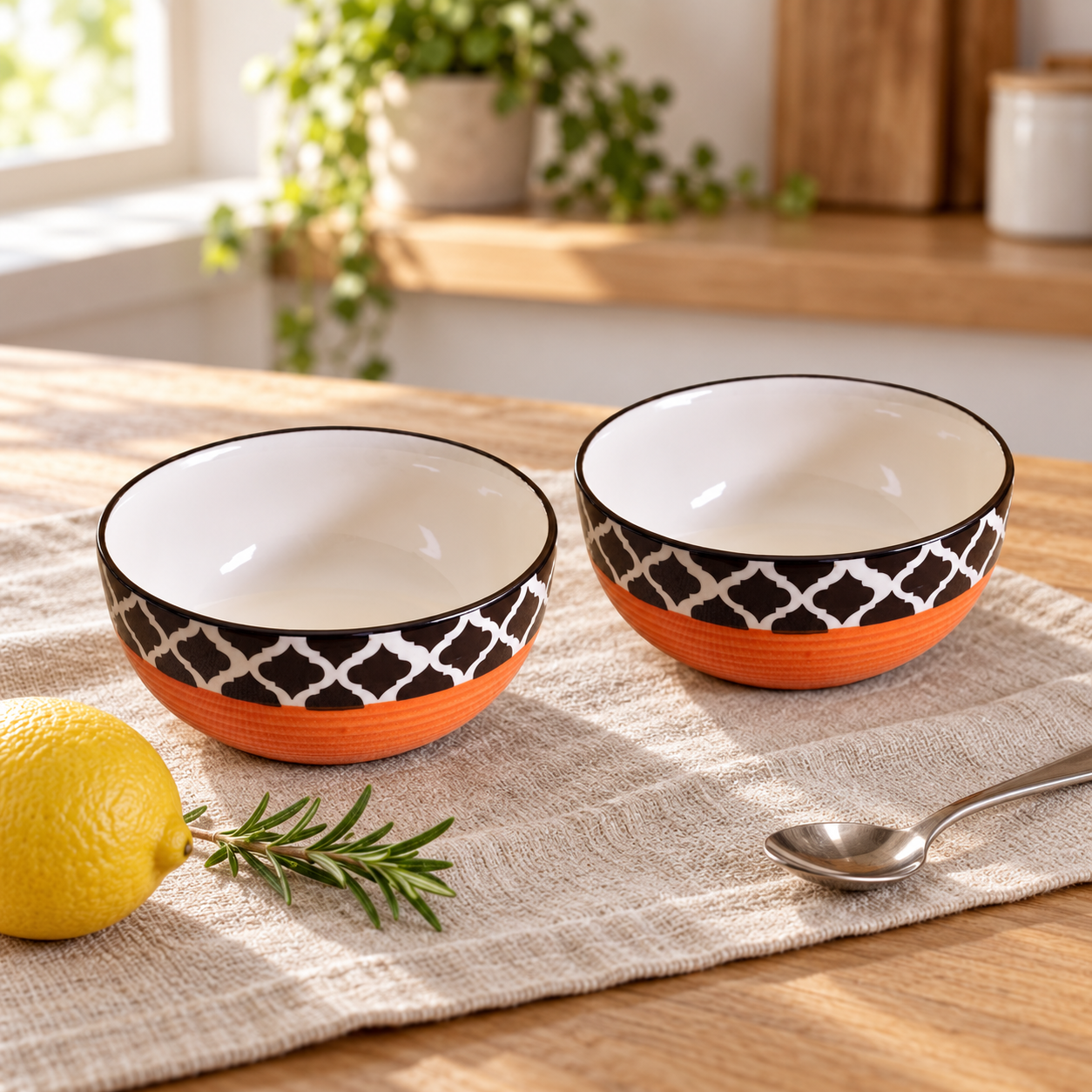KunhaR Ceramic Serving Bowls, 400 ml Each, Set of 2, Red Chidi, Small Bowls for Soup, Rice, Curry, Snacks and Desserts