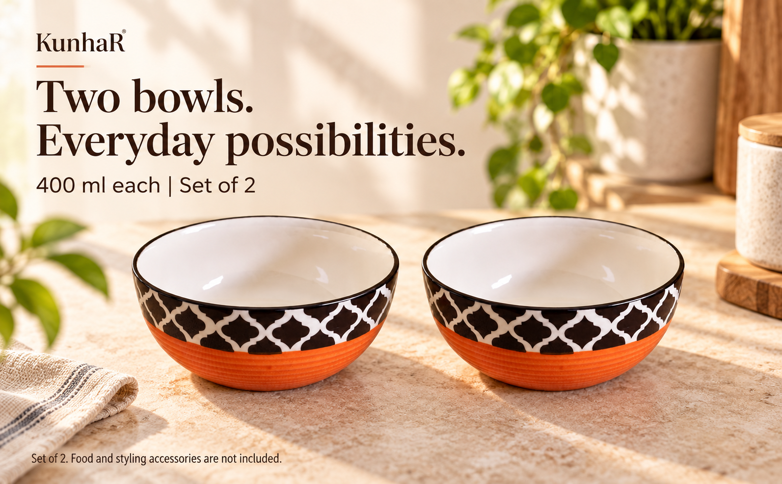 KunhaR Ceramic Serving Bowls, 400 ml Each, Set of 2, Red Chidi, Small Bowls for Soup, Rice, Curry, Snacks and Desserts — hero