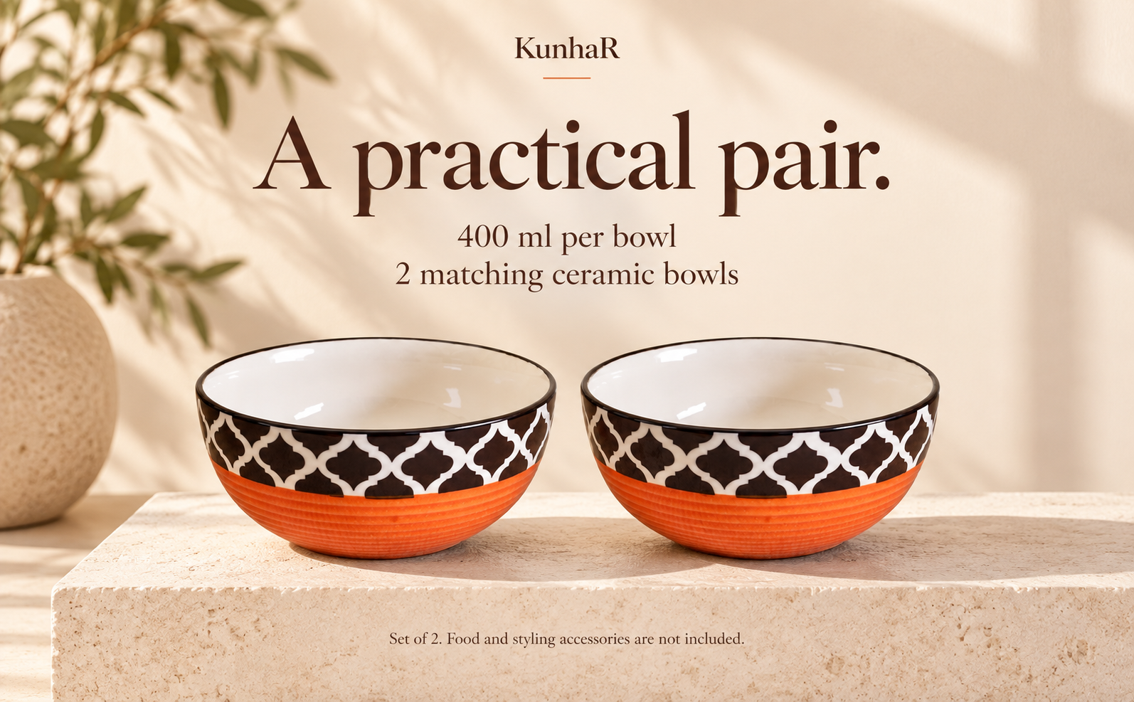 KunhaR Ceramic Serving Bowls, 400 ml Each, Set of 2, Red Chidi, Small Bowls for Soup, Rice, Curry, Snacks and Desserts — capacity