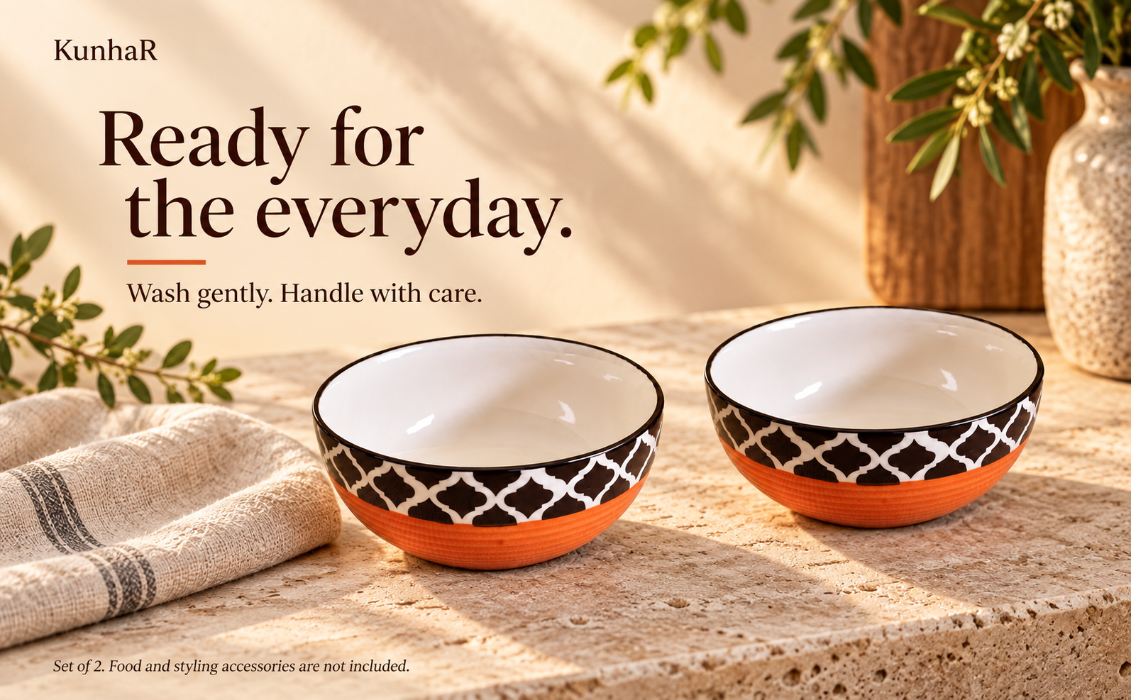KunhaR Ceramic Serving Bowls, 400 ml Each, Set of 2, Red Chidi, Small Bowls for Soup, Rice, Curry, Snacks and Desserts — care