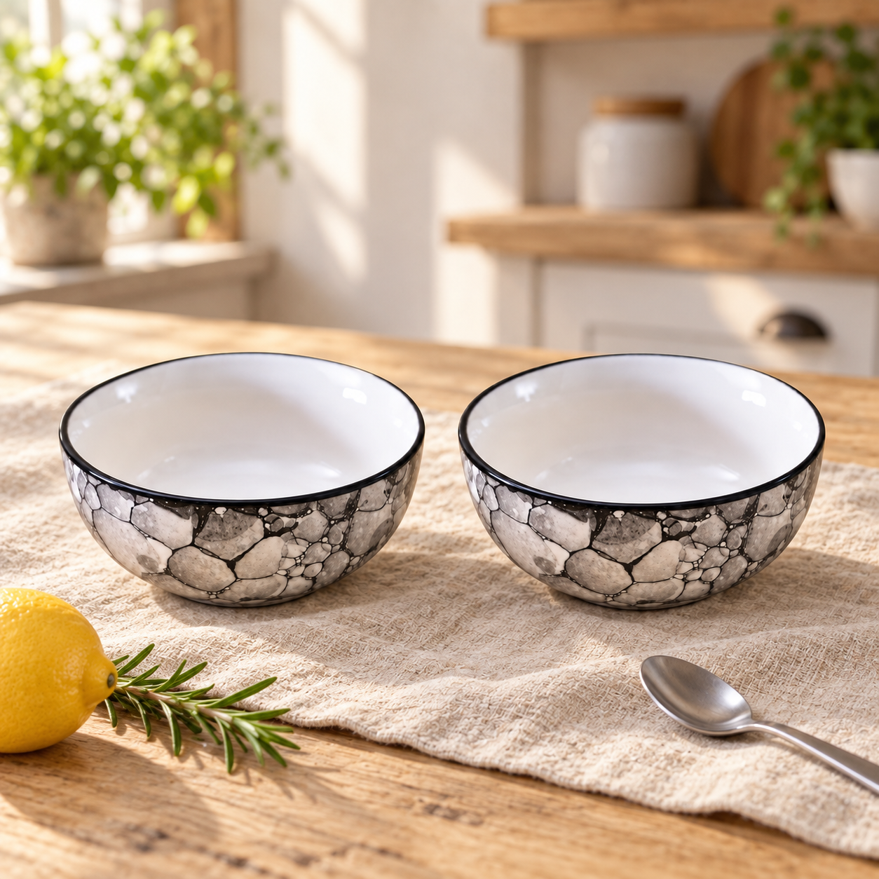 KunhaR Ceramic Serving Bowls, 400 ml Each, Set of 2, Black Luster, Small Bowls for Soup, Rice, Curry, Snacks and Desserts