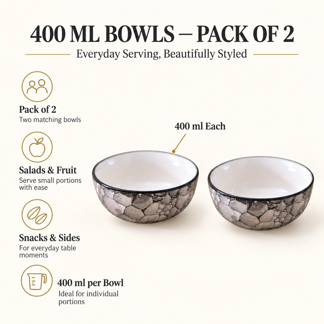 KunhaR Ceramic Serving Bowls, 400 ml Each, Set of 2, Black Luster, Small Bowls for Soup, Rice, Curry, Snacks and Desserts - Image 7
