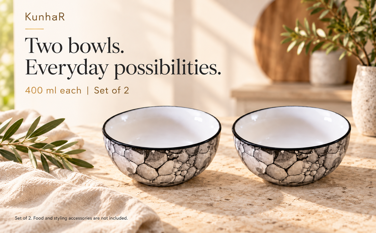 KunhaR Ceramic Serving Bowls, 400 ml Each, Set of 2, Black Luster, Small Bowls for Soup, Rice, Curry, Snacks and Desserts — hero