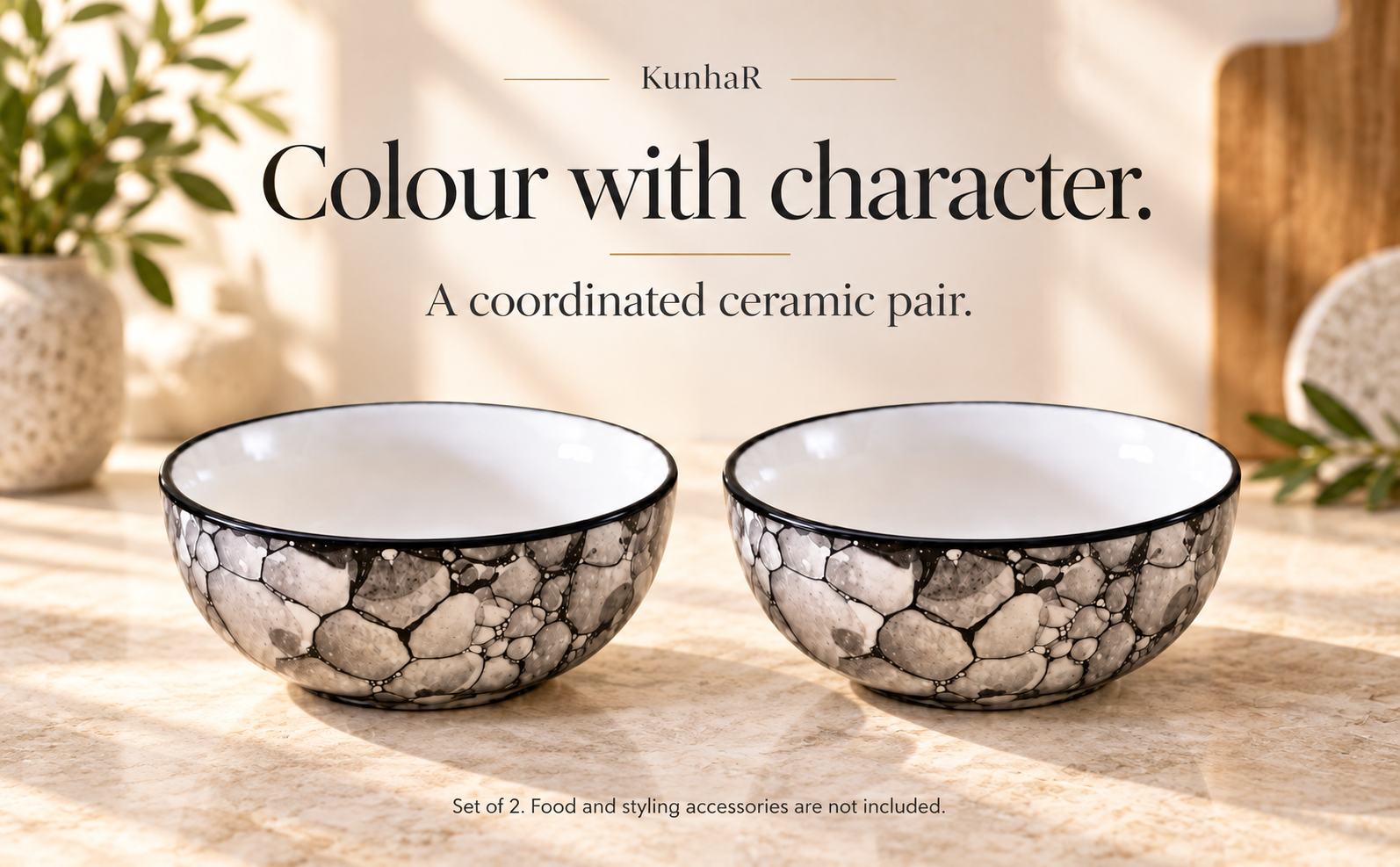 KunhaR Ceramic Serving Bowls, 400 ml Each, Set of 2, Black Luster, Small Bowls for Soup, Rice, Curry, Snacks and Desserts — finish