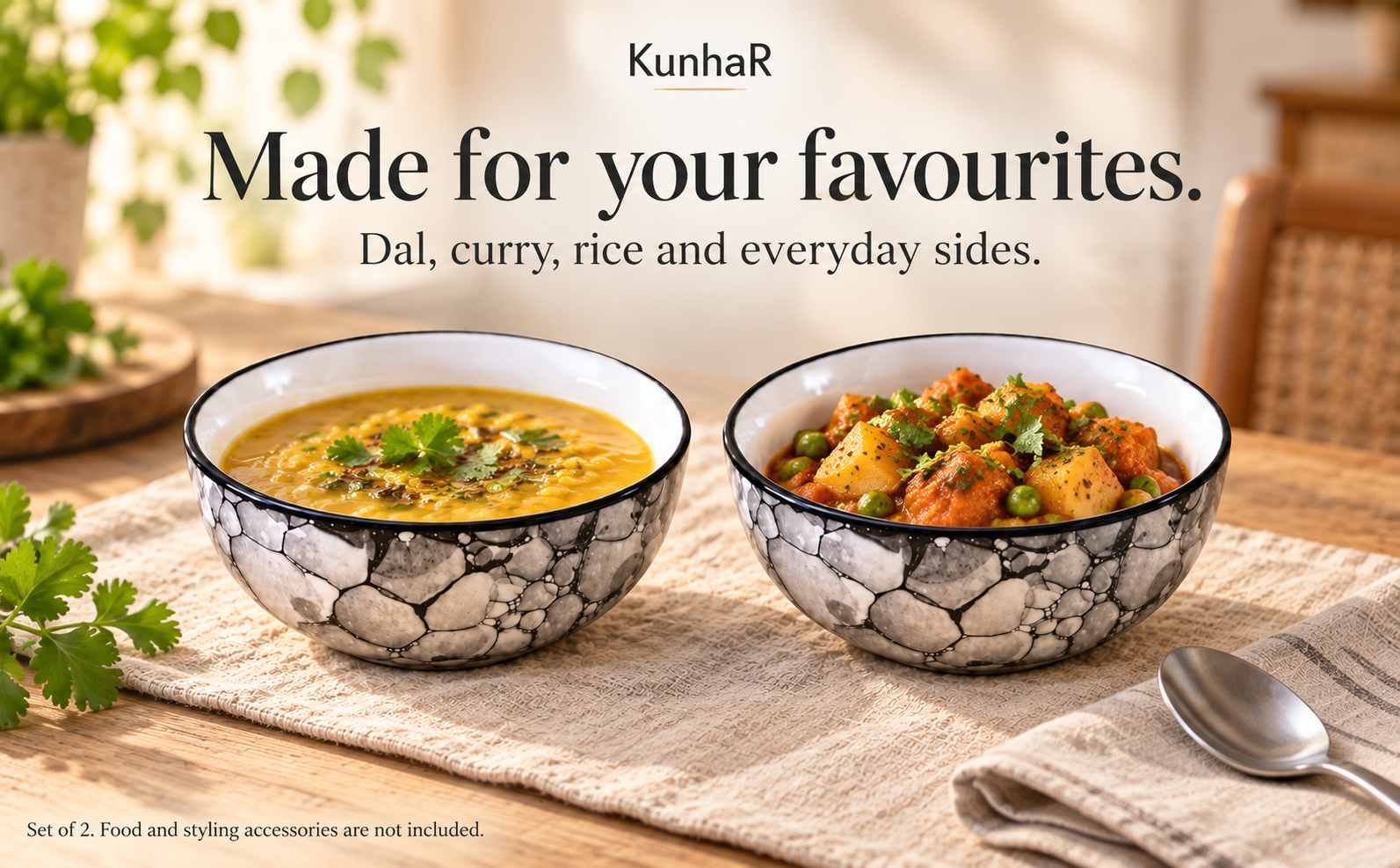 KunhaR Ceramic Serving Bowls, 400 ml Each, Set of 2, Black Luster, Small Bowls for Soup, Rice, Curry, Snacks and Desserts — serve