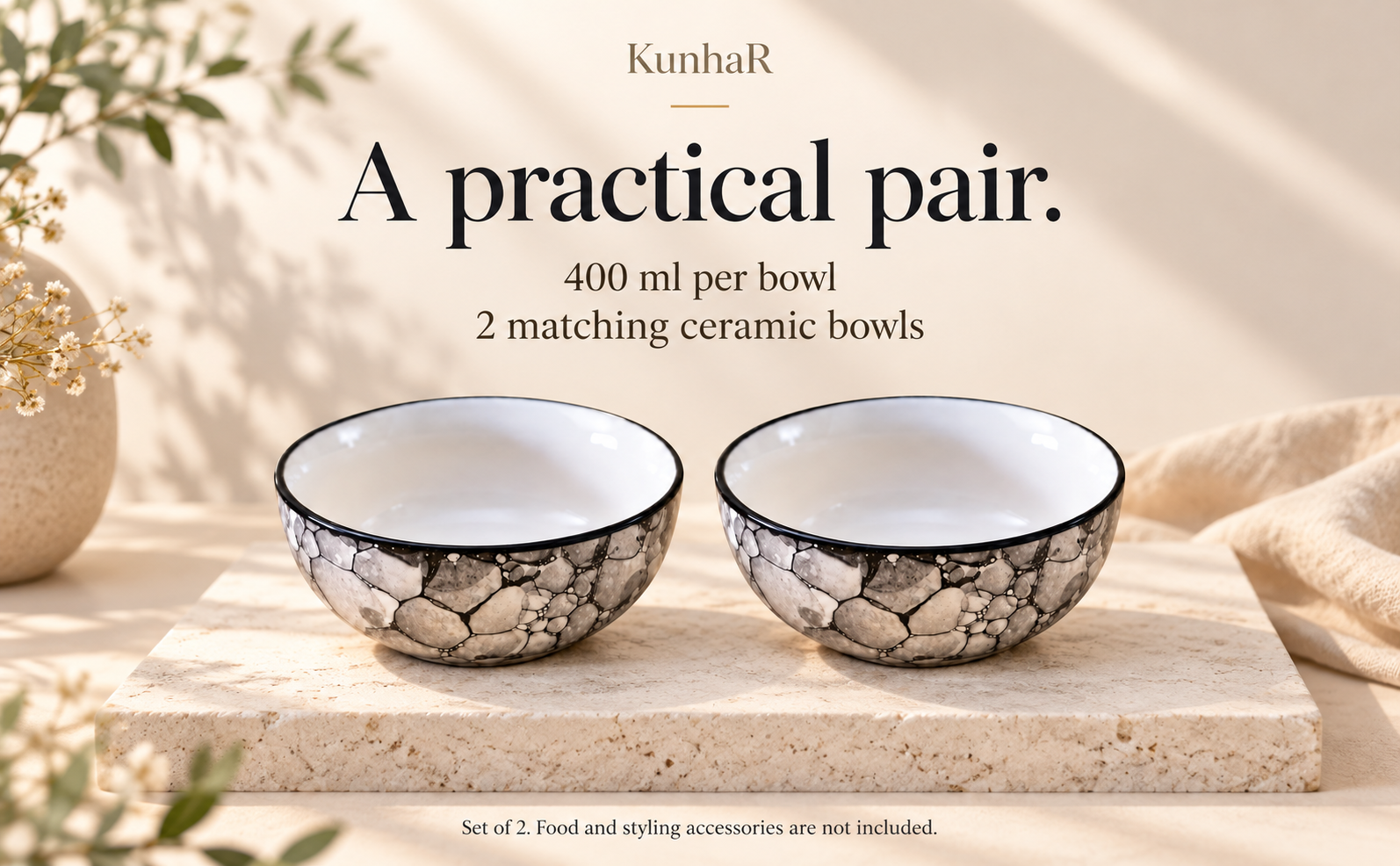 KunhaR Ceramic Serving Bowls, 400 ml Each, Set of 2, Black Luster, Small Bowls for Soup, Rice, Curry, Snacks and Desserts — capacity