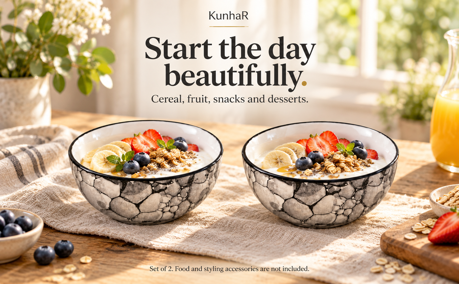 KunhaR Ceramic Serving Bowls, 400 ml Each, Set of 2, Black Luster, Small Bowls for Soup, Rice, Curry, Snacks and Desserts — breakfast