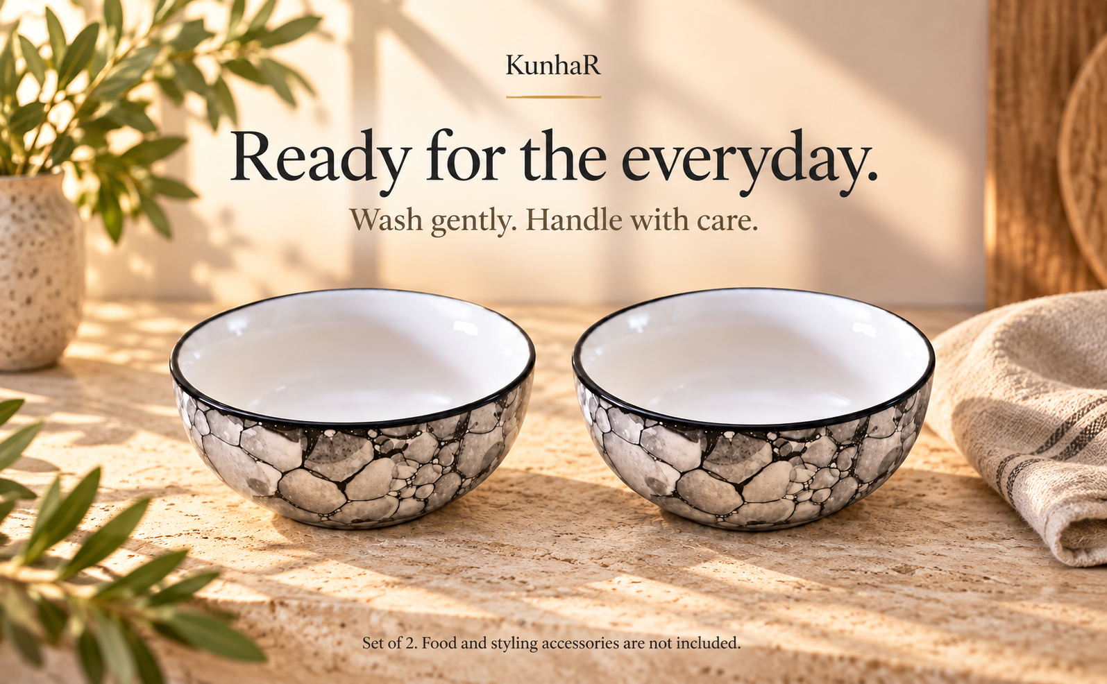 KunhaR Ceramic Serving Bowls, 400 ml Each, Set of 2, Black Luster, Small Bowls for Soup, Rice, Curry, Snacks and Desserts — care