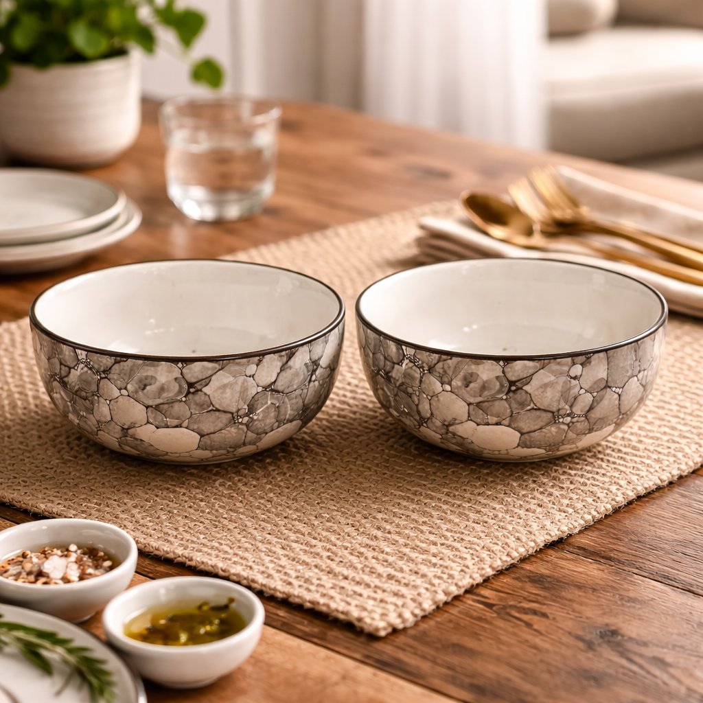 Kunhar Ceramic Serving Bowls (Black Luster, 400 ml) - 2 Pieces