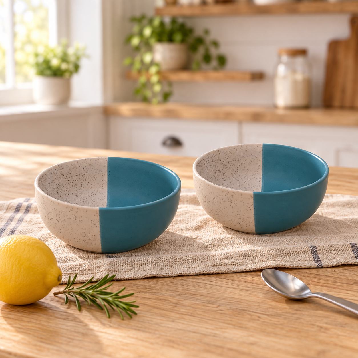 KunhaR Ceramic Serving Bowls, 400 ml Each, Set of 2, White Dusty Blue, Small Bowls for Soup, Rice, Curry, Snacks and Desserts