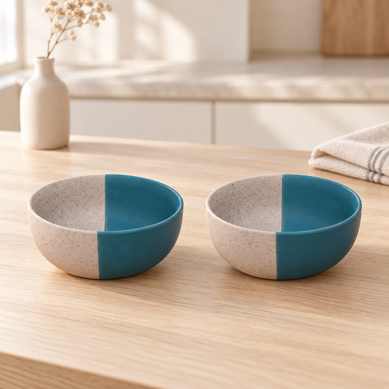 KunhaR Ceramic Serving Bowls, 400 ml Each, Set of 2, White Dusty Blue, Small Bowls for Soup, Rice, Curry, Snacks and Desserts - Image 2