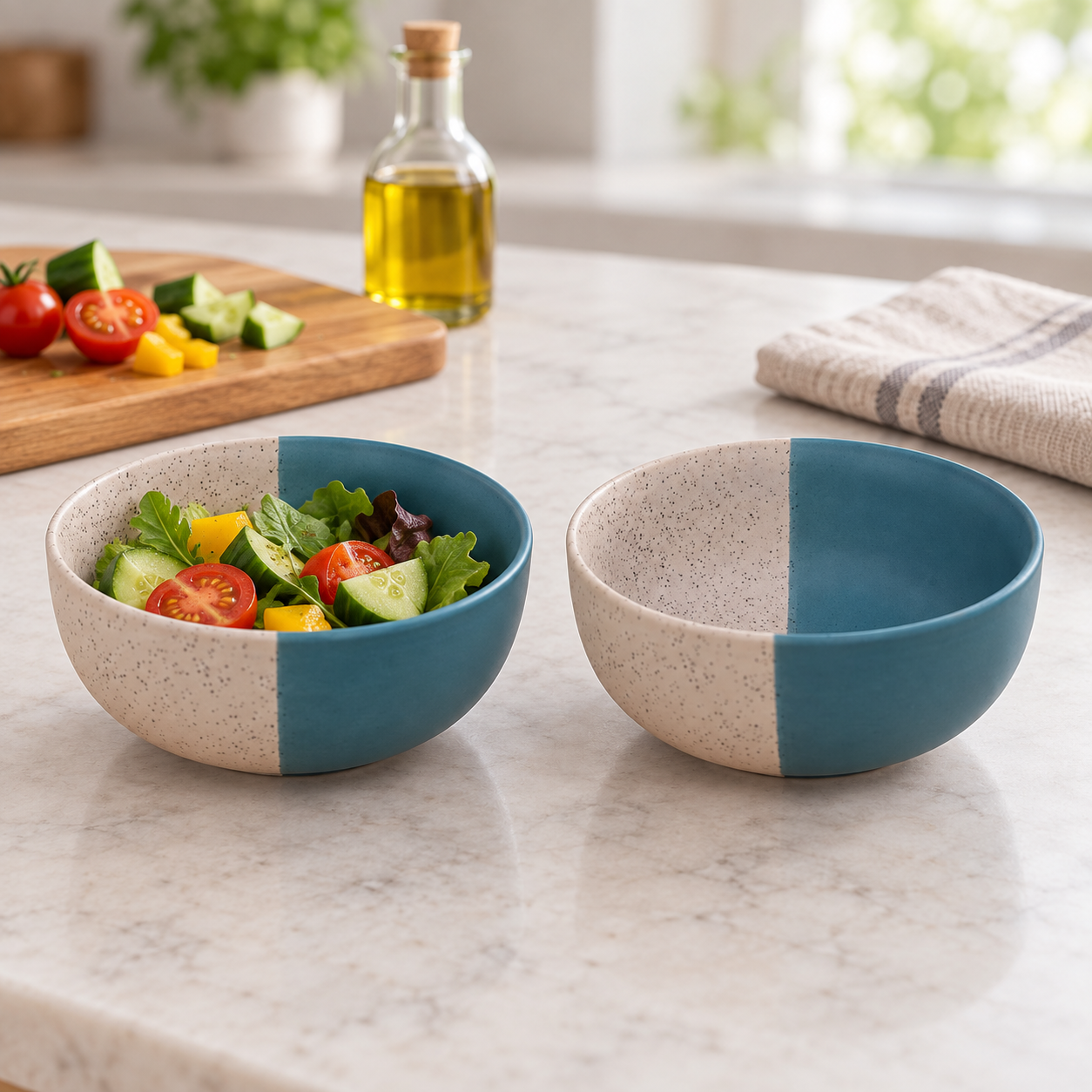 KunhaR Ceramic Serving Bowls, 400 ml Each, Set of 2, White Dusty Blue, Small Bowls for Soup, Rice, Curry, Snacks and Desserts - Image 4