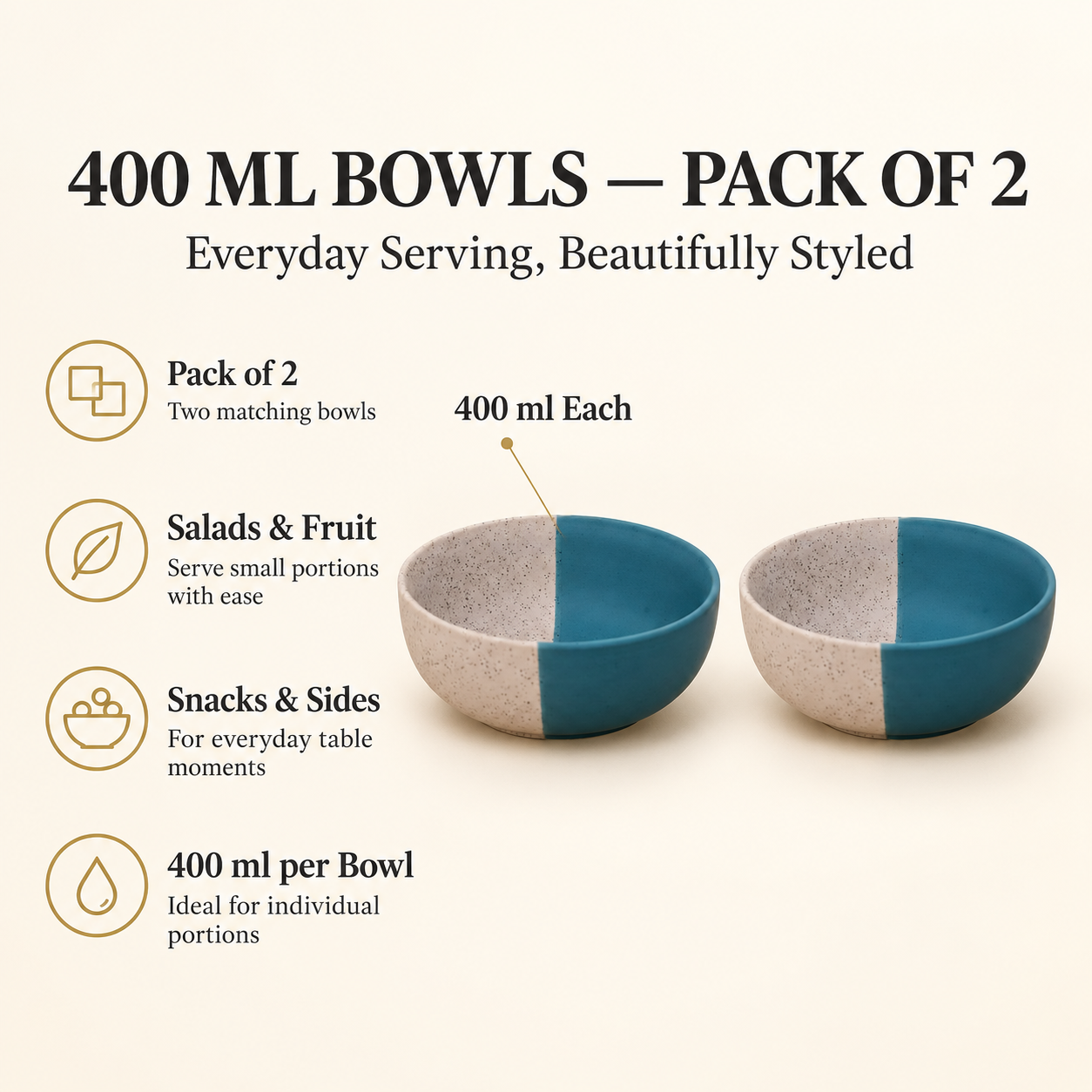 KunhaR Ceramic Serving Bowls, 400 ml Each, Set of 2, White Dusty Blue, Small Bowls for Soup, Rice, Curry, Snacks and Desserts - Image 7