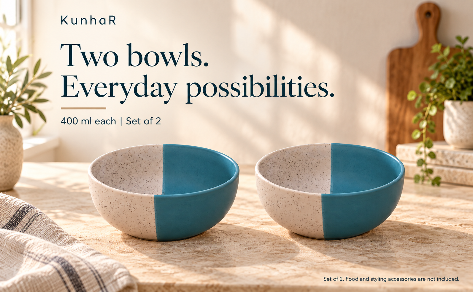 KunhaR Ceramic Serving Bowls, 400 ml Each, Set of 2, White Dusty Blue, Small Bowls for Soup, Rice, Curry, Snacks and Desserts — hero