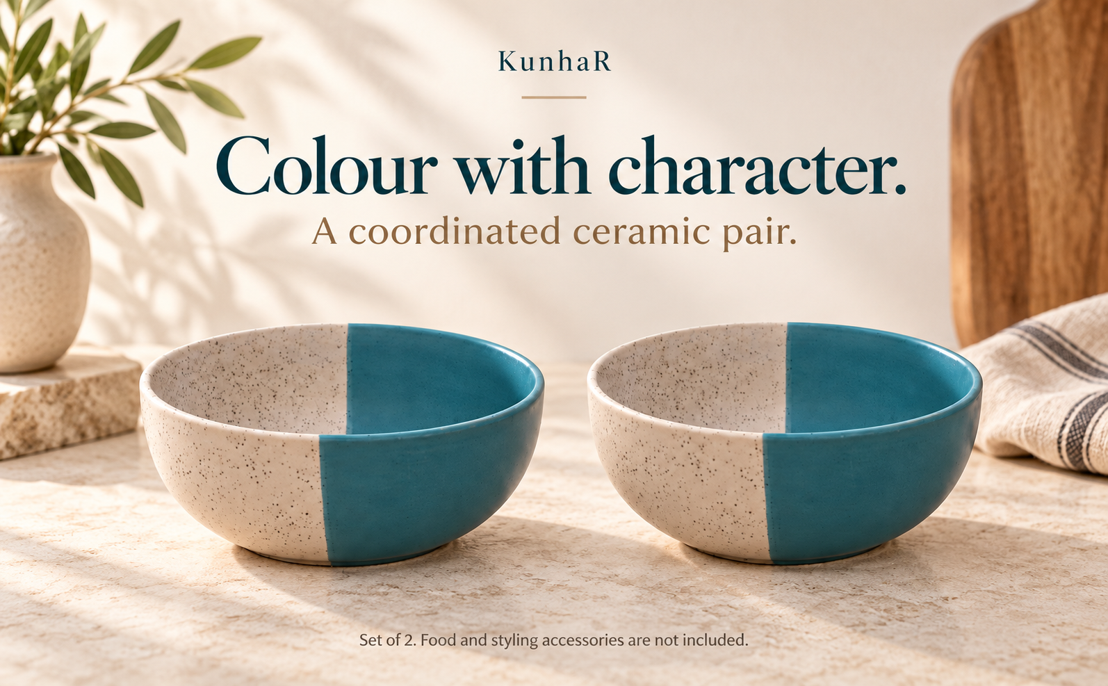 KunhaR Ceramic Serving Bowls, 400 ml Each, Set of 2, White Dusty Blue, Small Bowls for Soup, Rice, Curry, Snacks and Desserts — finish