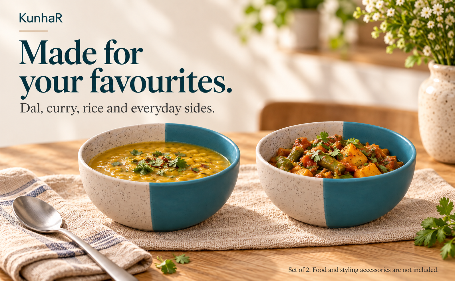 KunhaR Ceramic Serving Bowls, 400 ml Each, Set of 2, White Dusty Blue, Small Bowls for Soup, Rice, Curry, Snacks and Desserts — serve
