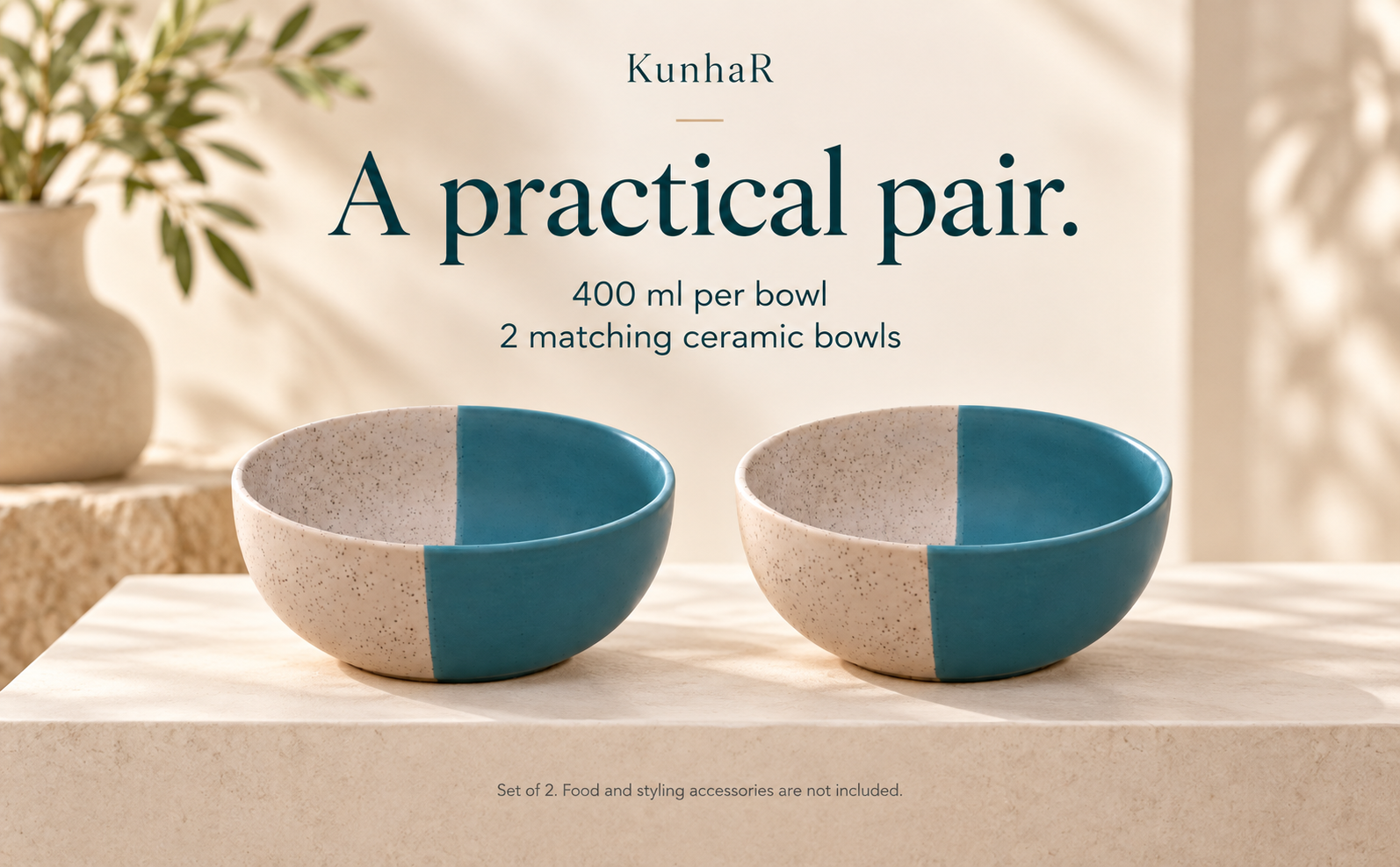 KunhaR Ceramic Serving Bowls, 400 ml Each, Set of 2, White Dusty Blue, Small Bowls for Soup, Rice, Curry, Snacks and Desserts — capacity