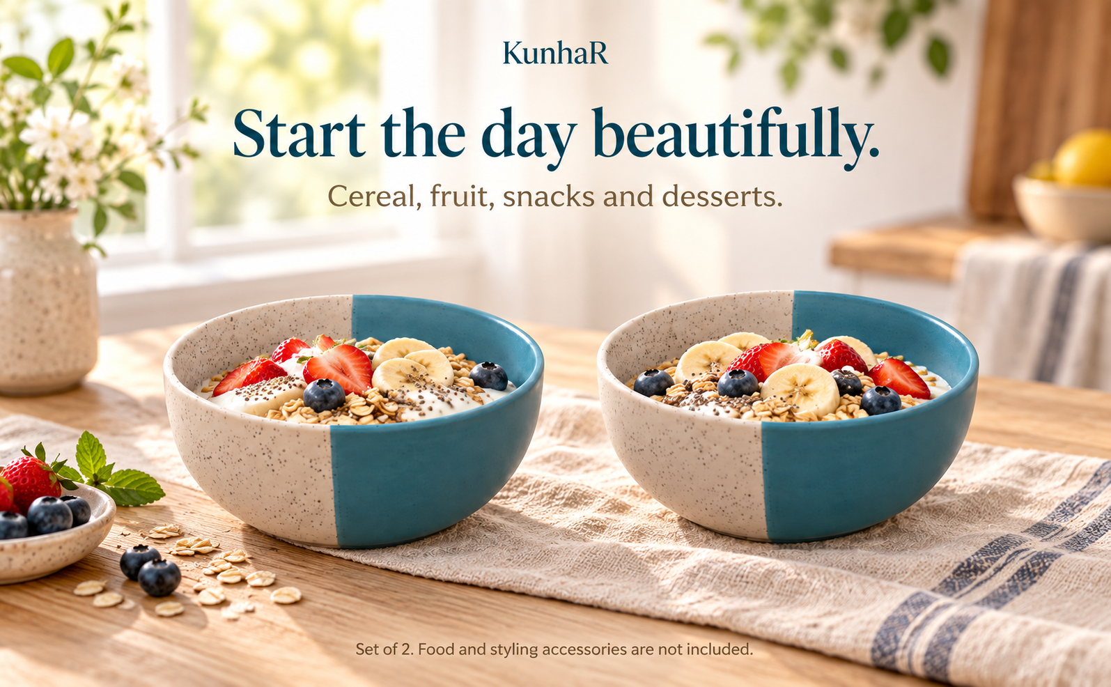 KunhaR Ceramic Serving Bowls, 400 ml Each, Set of 2, White Dusty Blue, Small Bowls for Soup, Rice, Curry, Snacks and Desserts — breakfast