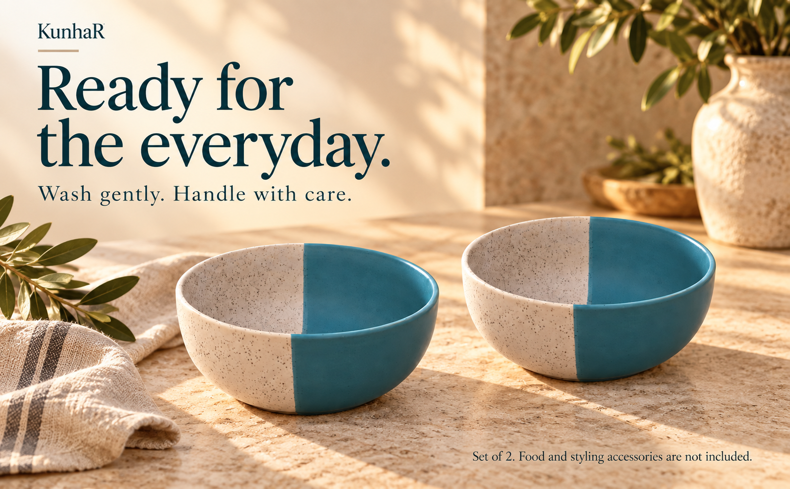 KunhaR Ceramic Serving Bowls, 400 ml Each, Set of 2, White Dusty Blue, Small Bowls for Soup, Rice, Curry, Snacks and Desserts — care