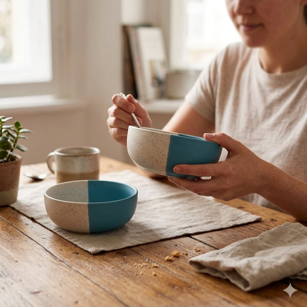 Kunhar Ceramic Bowls - 400 Ml, 2 Pieces, White Dusty Blue - Image 3