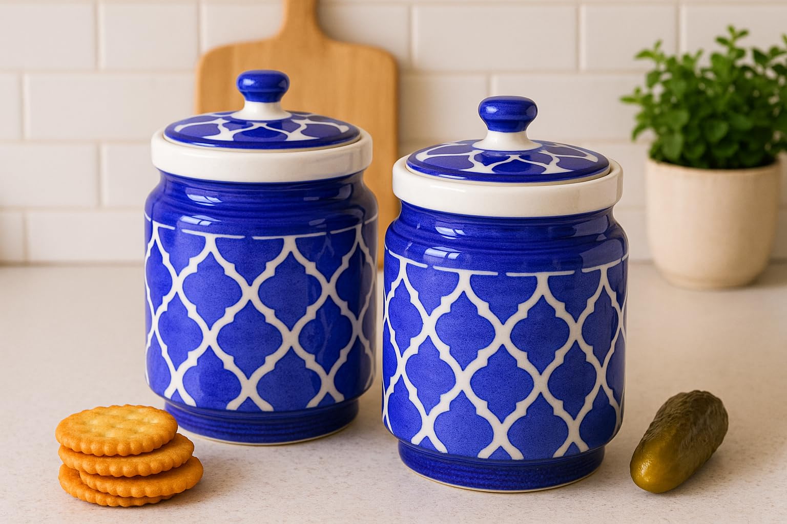 Kunhar Ceramic Barni Blue 1000ml Set of 2 with Lid | Handcrafted Pickle Jar | Storage Jar for Spices, Chutney, Achar, Salt, Sugar