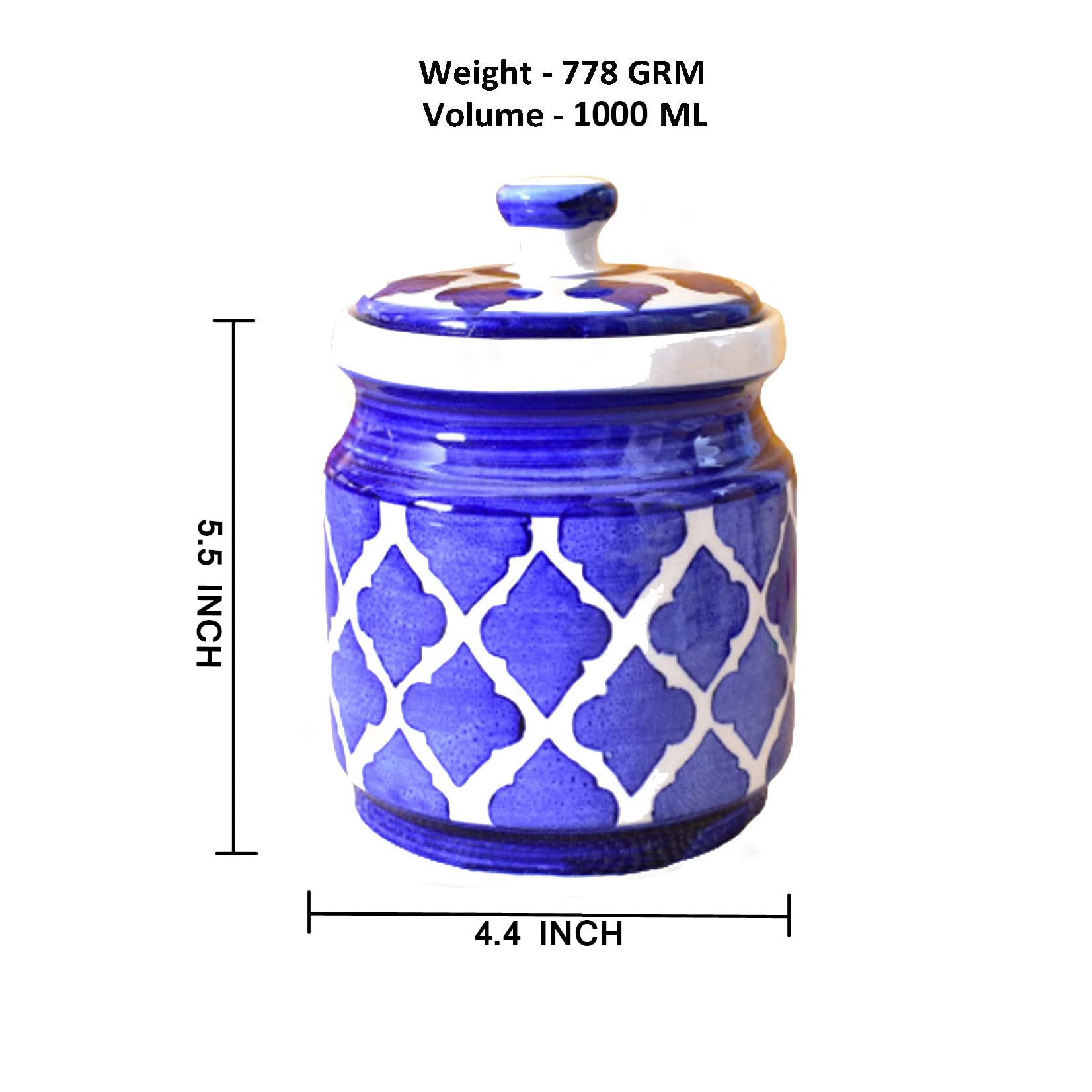 Kunhar Ceramic Barni Blue 1000ml Set of 2 with Lid | Handcrafted Pickle Jar | Storage Jar for Spices, Chutney, Achar, Salt, Sugar - Image 3