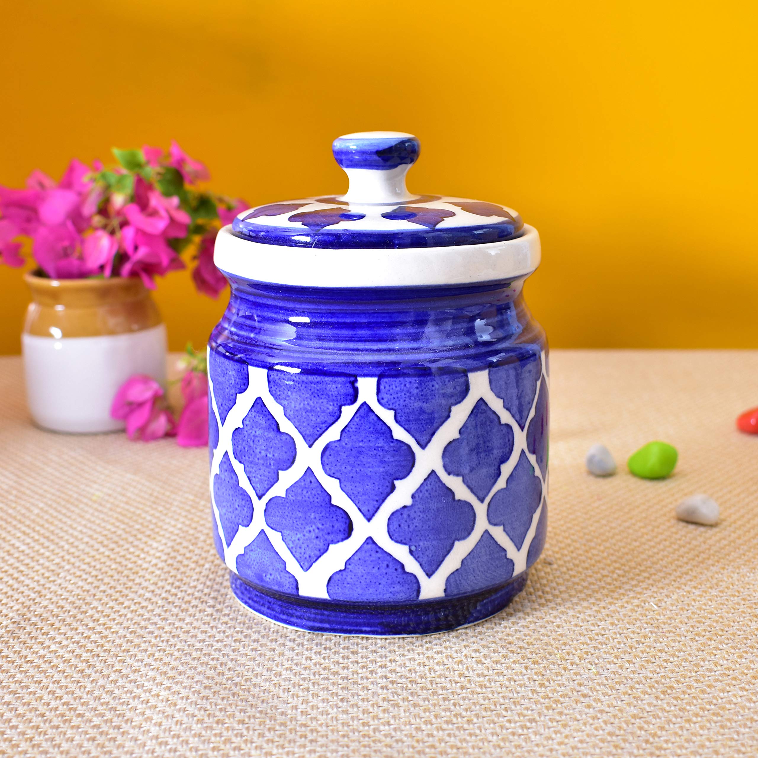 Kunhar Ceramic Barni Blue 1000ml Set of 2 with Lid | Handcrafted Pickle Jar | Storage Jar for Spices, Chutney, Achar, Salt, Sugar - Image 4