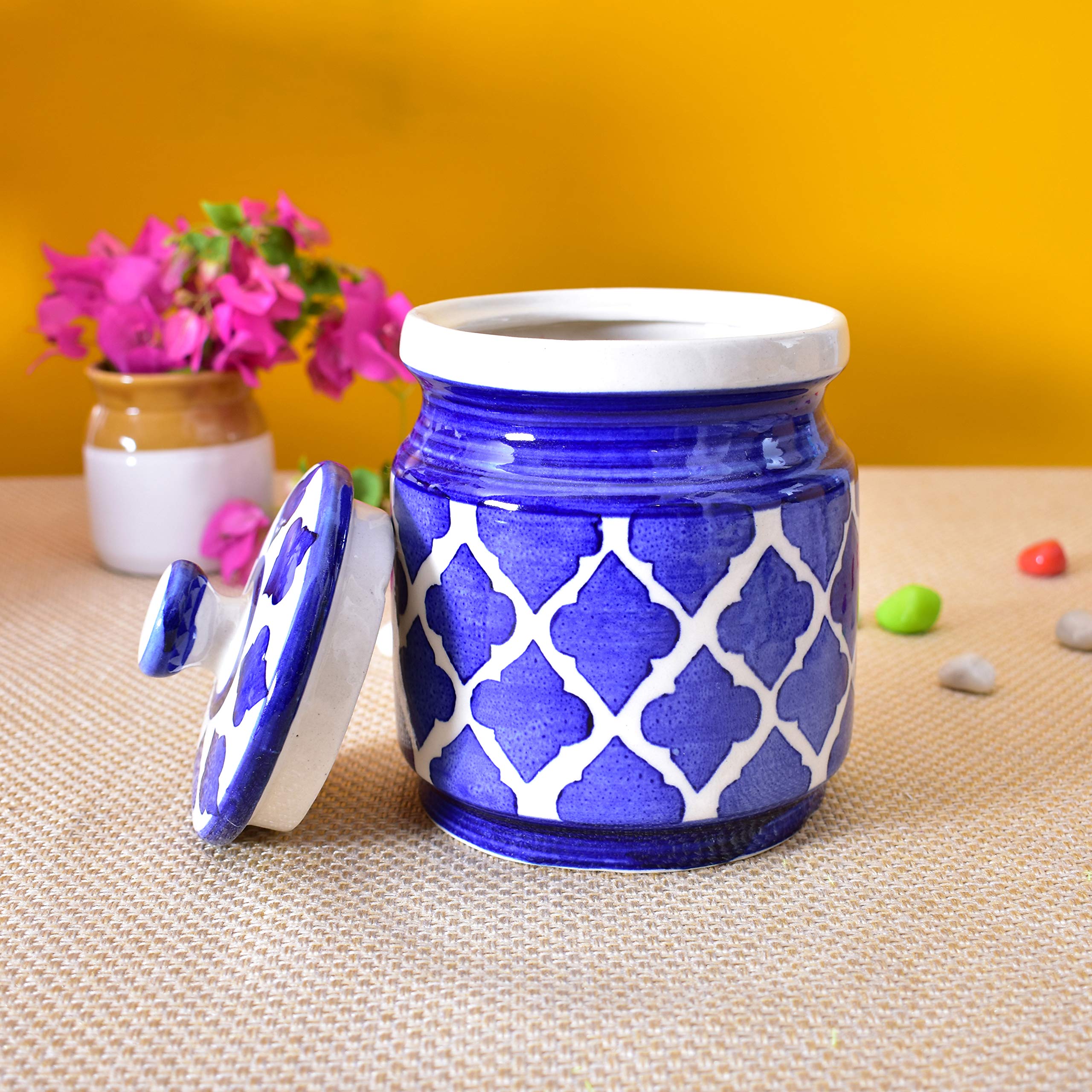 Kunhar Ceramic Barni Blue 1000ml Set of 2 with Lid | Handcrafted Pickle Jar | Storage Jar for Spices, Chutney, Achar, Salt, Sugar - Image 5