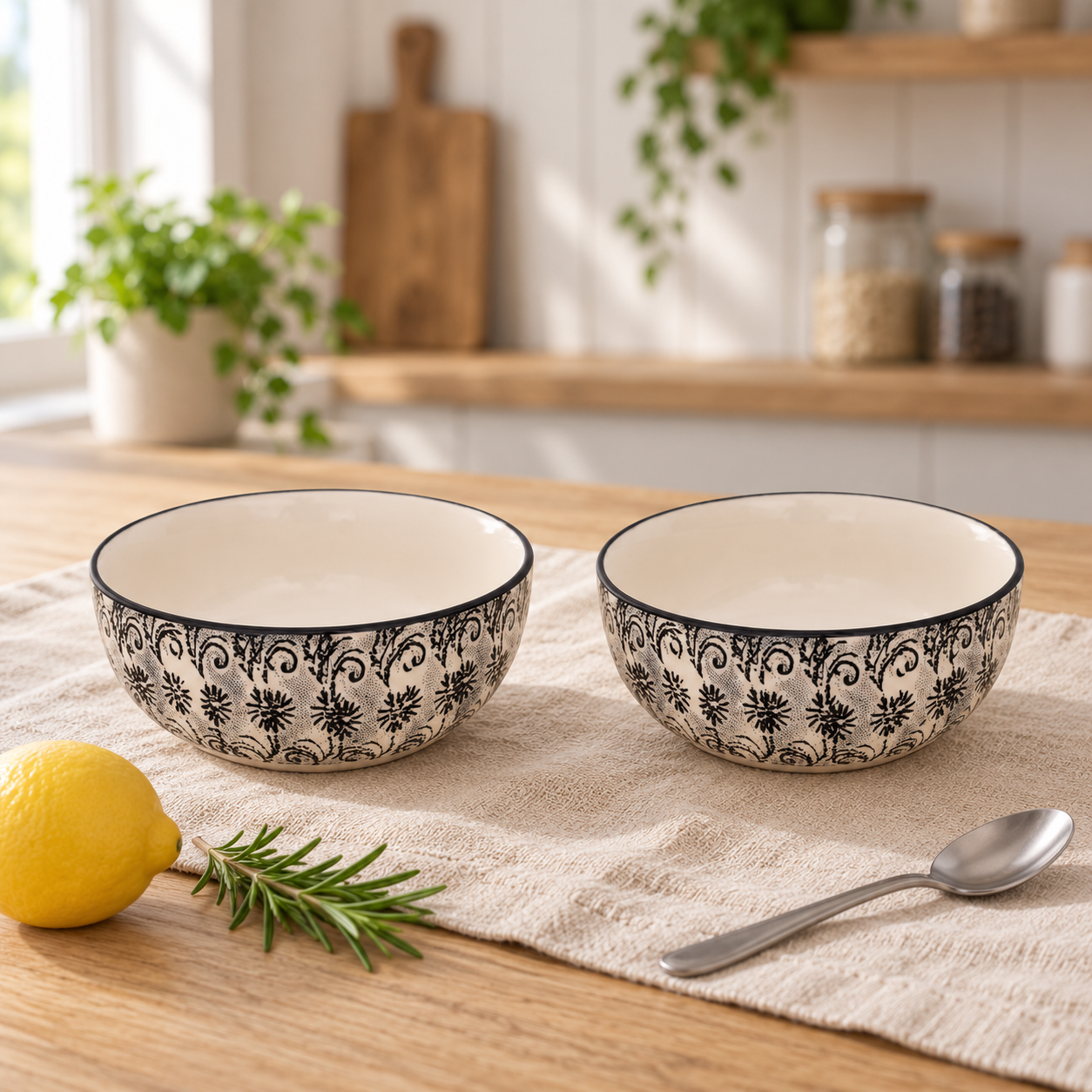 KunhaR Ceramic Serving Bowls, 400 ml Each, Set of 2, White Black, Small Bowls for Soup, Rice, Curry, Snacks and Desserts