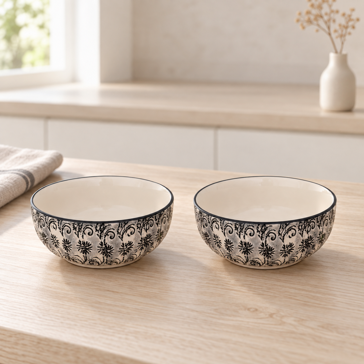 KunhaR Ceramic Serving Bowls, 400 ml Each, Set of 2, White Black, Small Bowls for Soup, Rice, Curry, Snacks and Desserts - Image 2