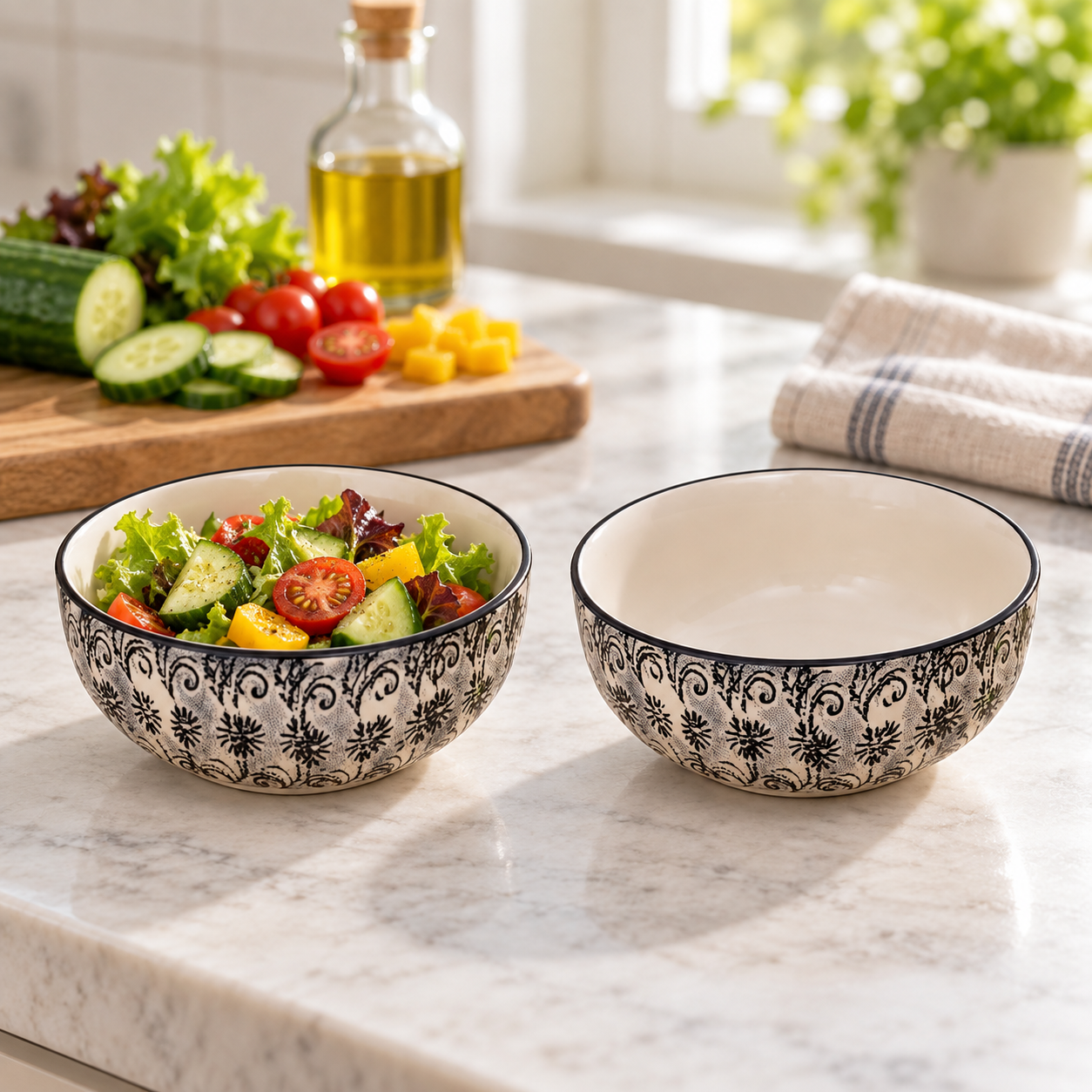 KunhaR Ceramic Serving Bowls, 400 ml Each, Set of 2, White Black, Small Bowls for Soup, Rice, Curry, Snacks and Desserts - Image 4
