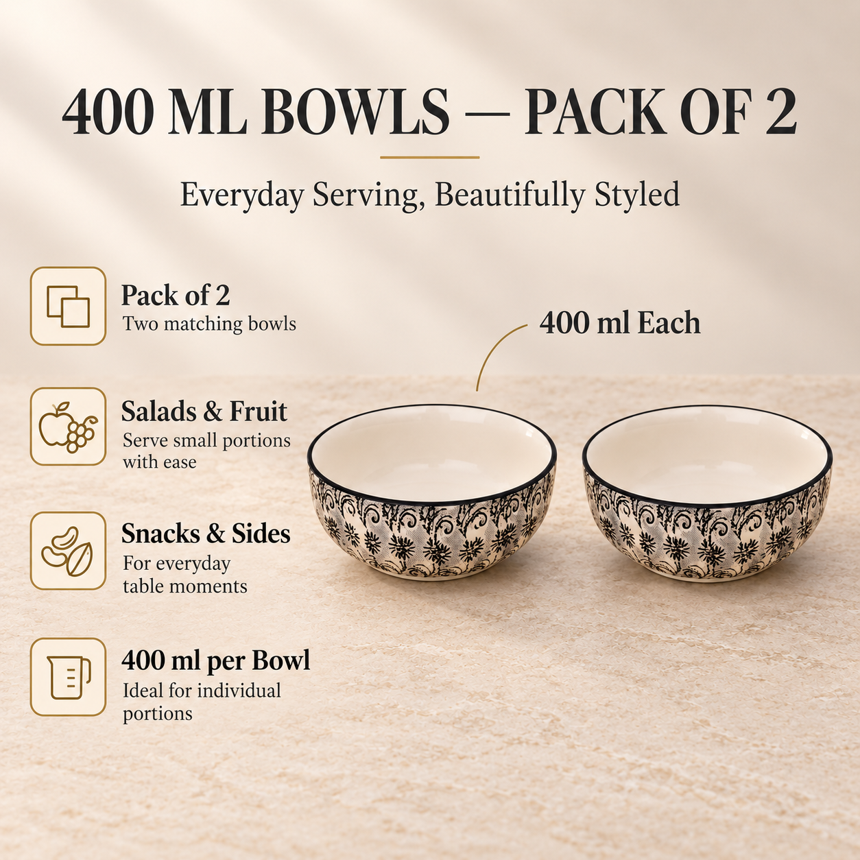 KunhaR Ceramic Serving Bowls, 400 ml Each, Set of 2, White Black, Small Bowls for Soup, Rice, Curry, Snacks and Desserts - Image 7