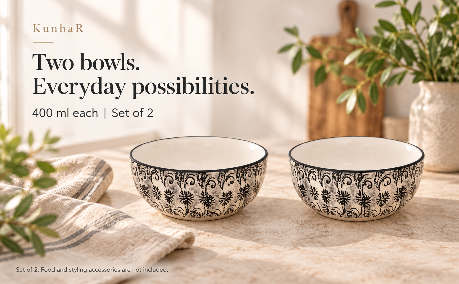 KunhaR Ceramic Serving Bowls, 400 ml Each, Set of 2, White Black, Small Bowls for Soup, Rice, Curry, Snacks and Desserts — hero