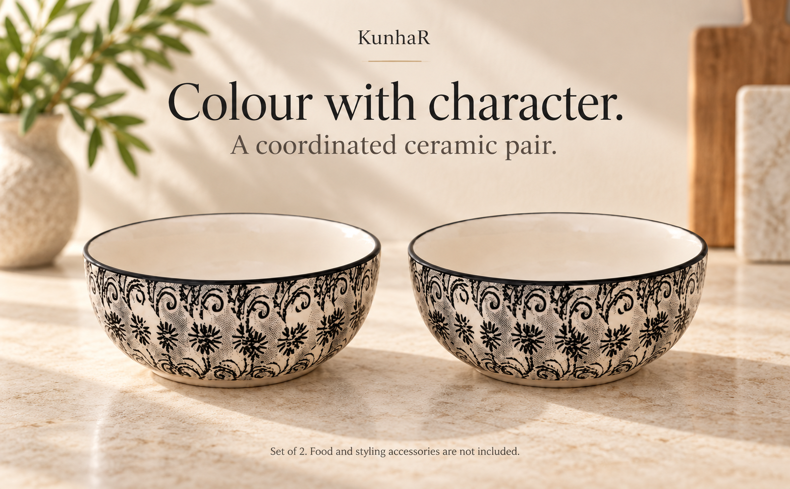 KunhaR Ceramic Serving Bowls, 400 ml Each, Set of 2, White Black, Small Bowls for Soup, Rice, Curry, Snacks and Desserts — finish