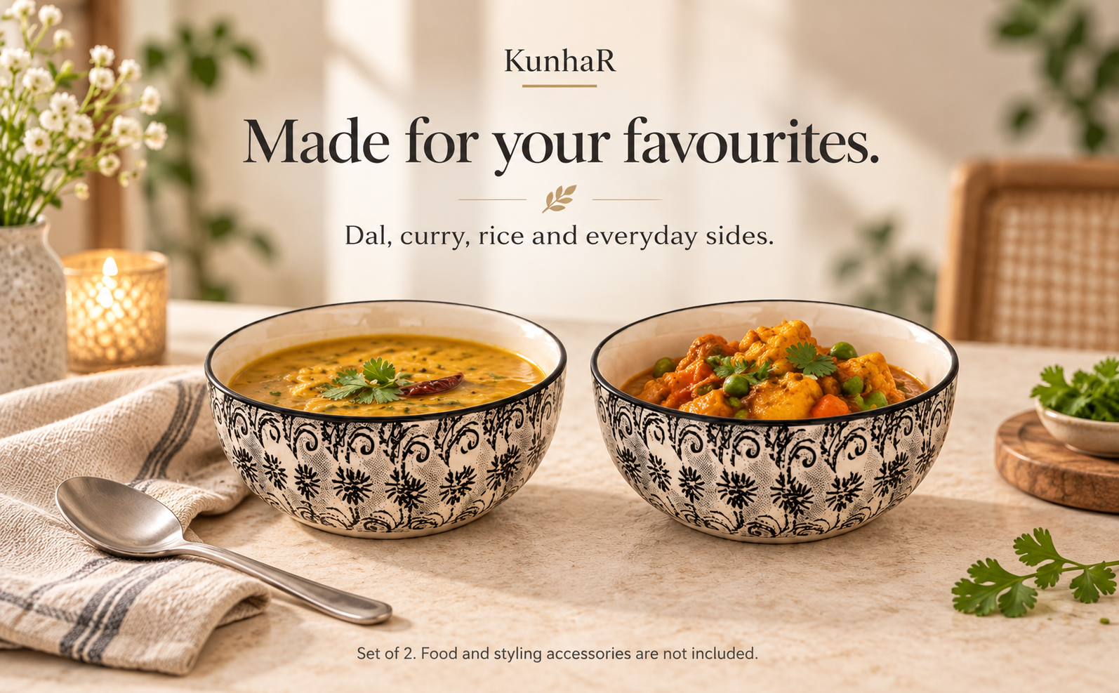 KunhaR Ceramic Serving Bowls, 400 ml Each, Set of 2, White Black, Small Bowls for Soup, Rice, Curry, Snacks and Desserts — serve
