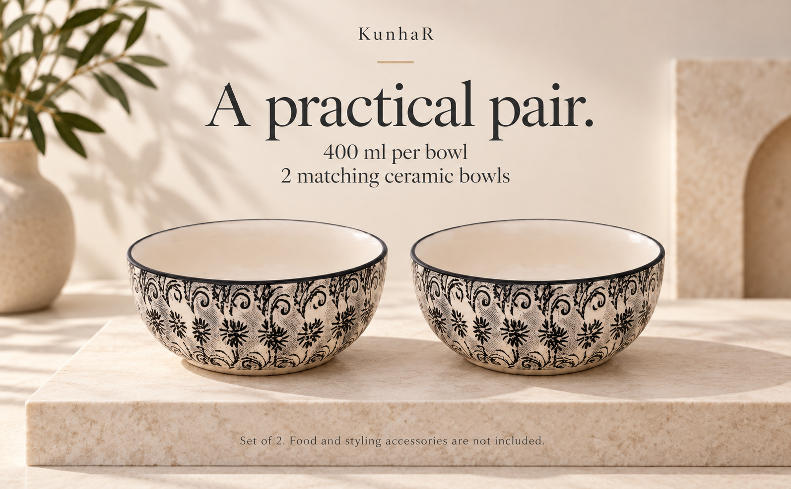 KunhaR Ceramic Serving Bowls, 400 ml Each, Set of 2, White Black, Small Bowls for Soup, Rice, Curry, Snacks and Desserts — capacity