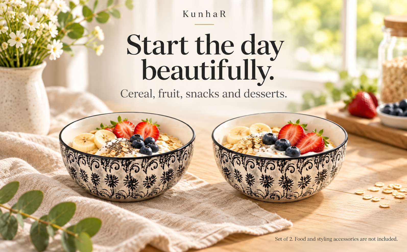 KunhaR Ceramic Serving Bowls, 400 ml Each, Set of 2, White Black, Small Bowls for Soup, Rice, Curry, Snacks and Desserts — breakfast