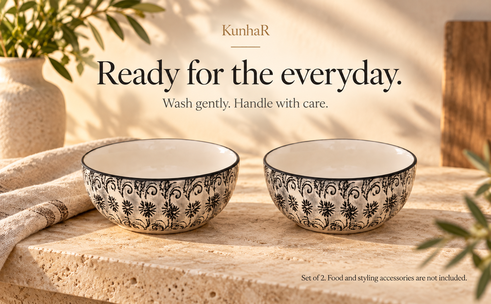 KunhaR Ceramic Serving Bowls, 400 ml Each, Set of 2, White Black, Small Bowls for Soup, Rice, Curry, Snacks and Desserts — care