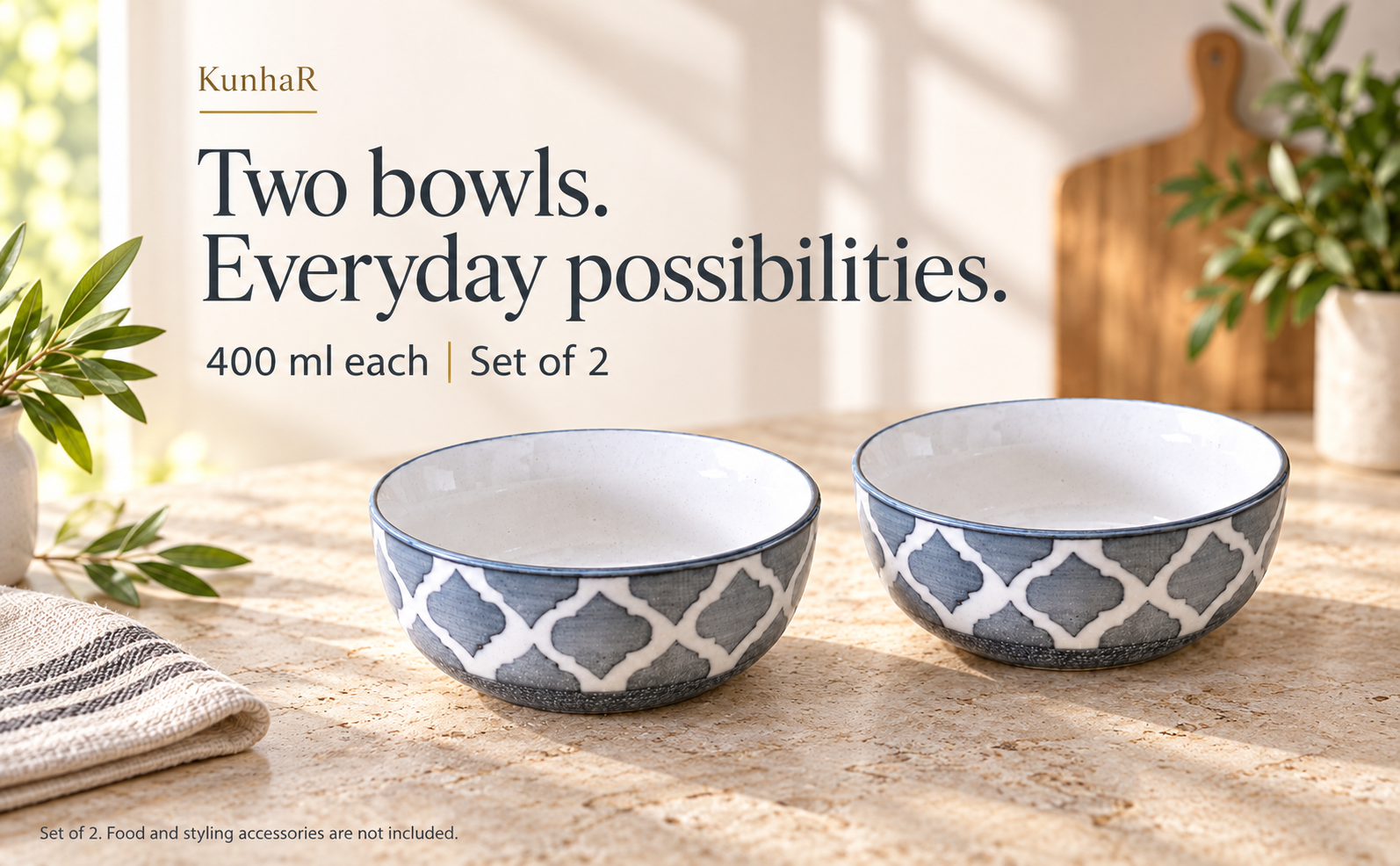 KunhaR Ceramic Serving Bowls, 400 ml Each, Set of 2, Grey, Small Bowls for Soup, Rice, Curry, Snacks and Desserts — hero