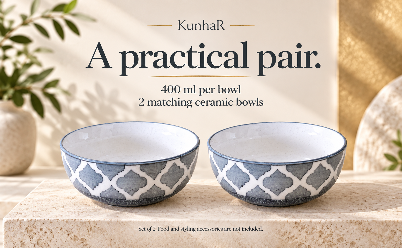 KunhaR Ceramic Serving Bowls, 400 ml Each, Set of 2, Grey, Small Bowls for Soup, Rice, Curry, Snacks and Desserts — capacity