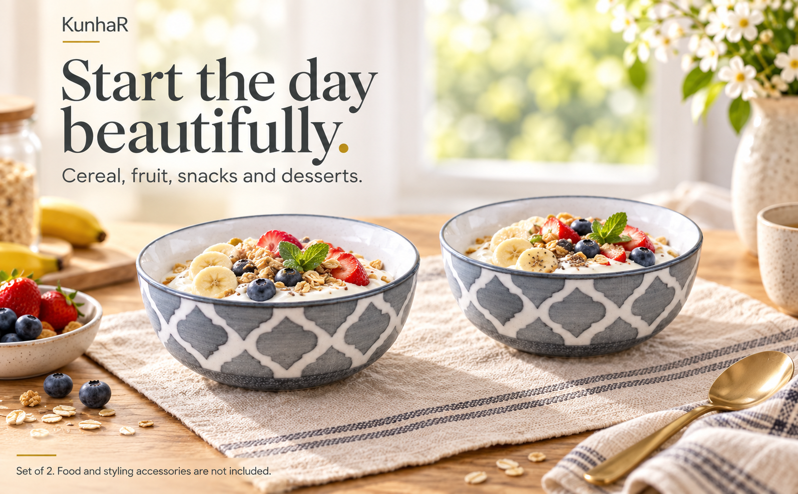 KunhaR Ceramic Serving Bowls, 400 ml Each, Set of 2, Grey, Small Bowls for Soup, Rice, Curry, Snacks and Desserts — breakfast