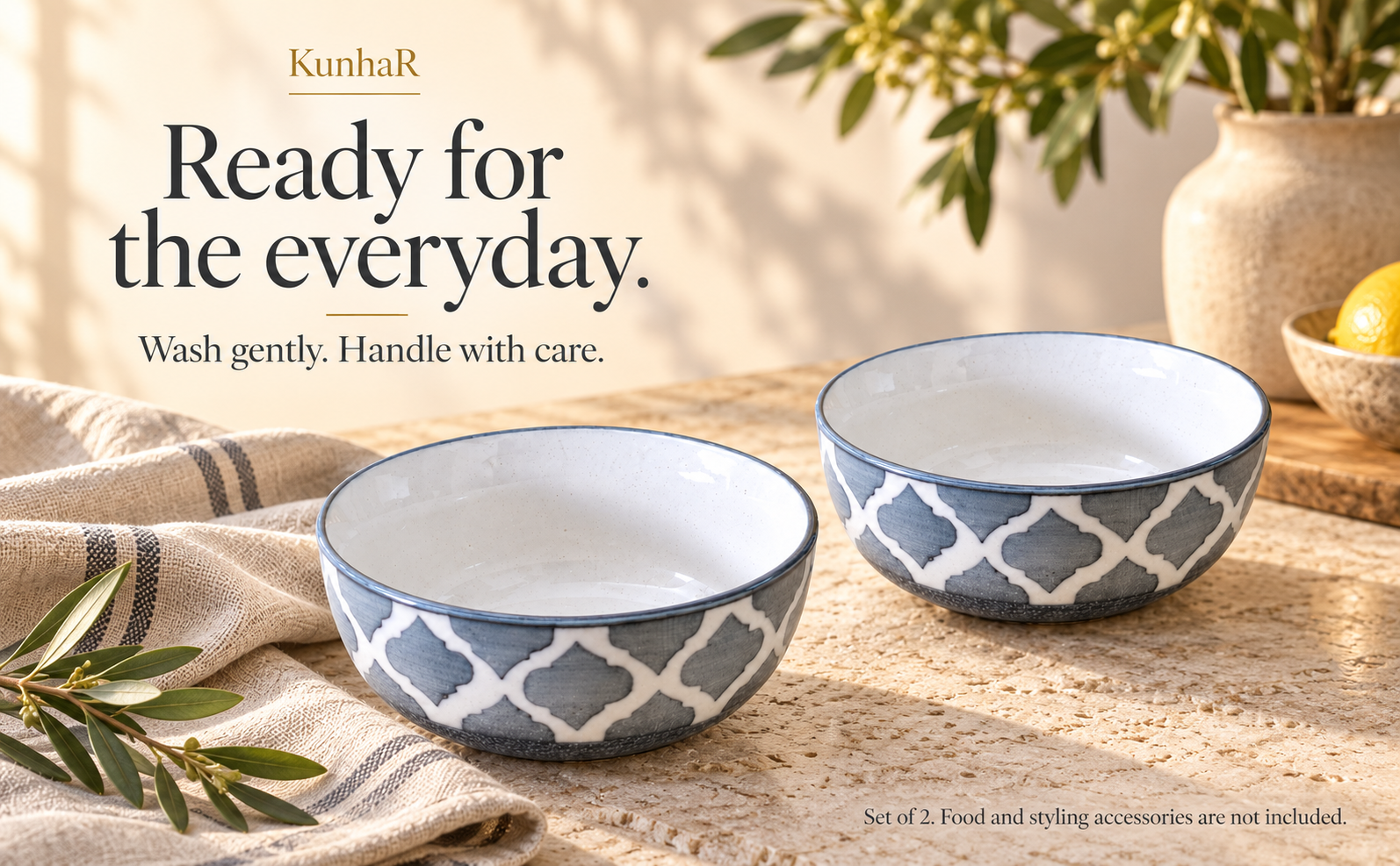 KunhaR Ceramic Serving Bowls, 400 ml Each, Set of 2, Grey, Small Bowls for Soup, Rice, Curry, Snacks and Desserts — care