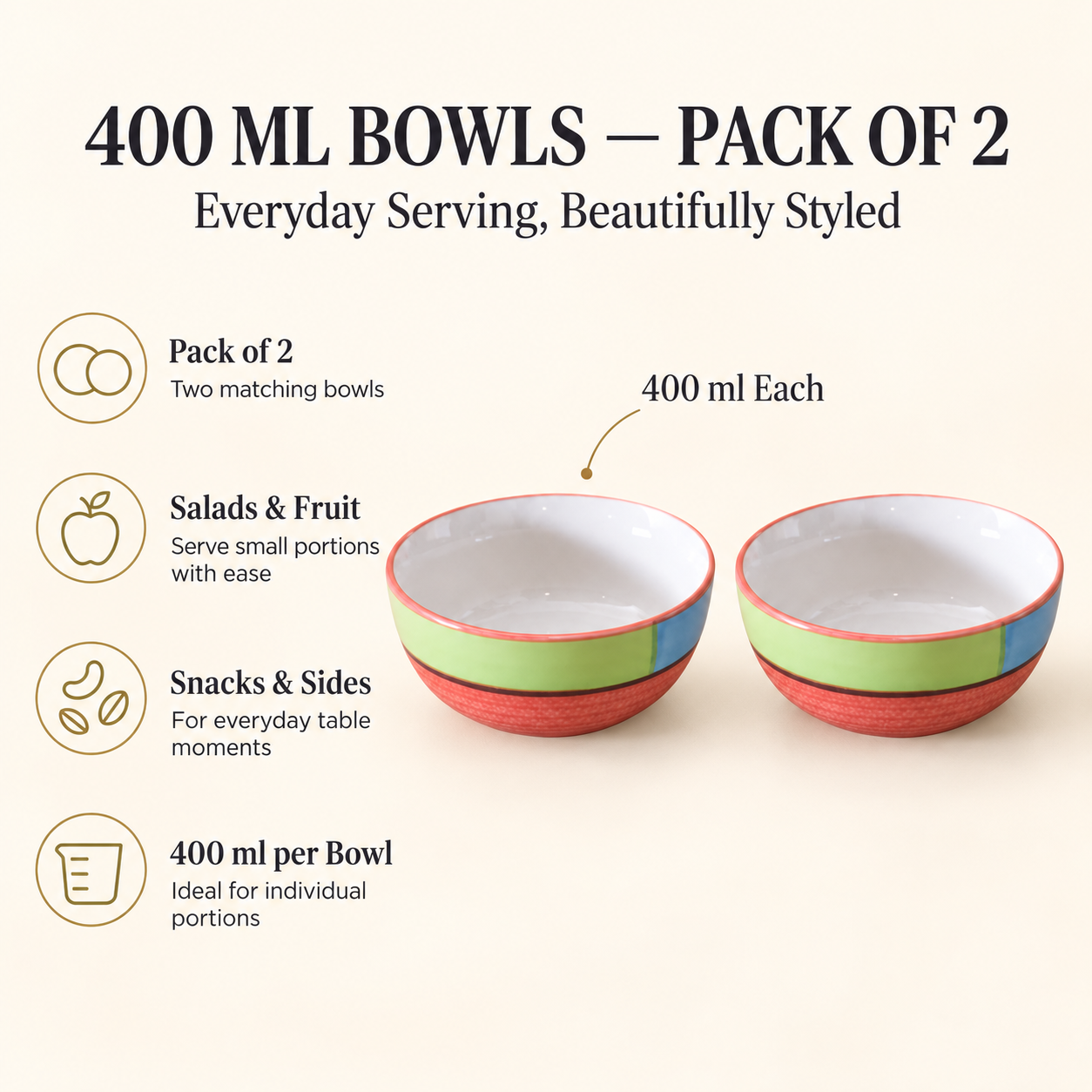 KunhaR Ceramic Serving Bowls, 400 ml Each, Set of 2, Red, Small Bowls for Soup, Rice, Curry, Snacks and Desserts - Image 7