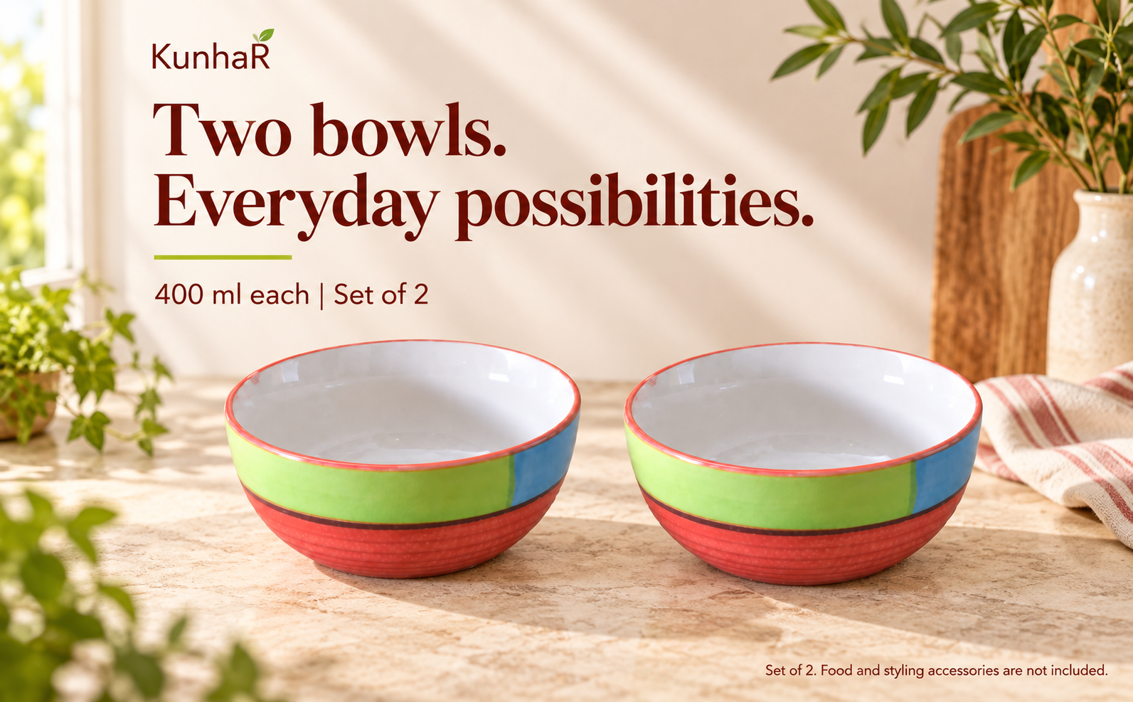 KunhaR Ceramic Serving Bowls, 400 ml Each, Set of 2, Red, Small Bowls for Soup, Rice, Curry, Snacks and Desserts — hero