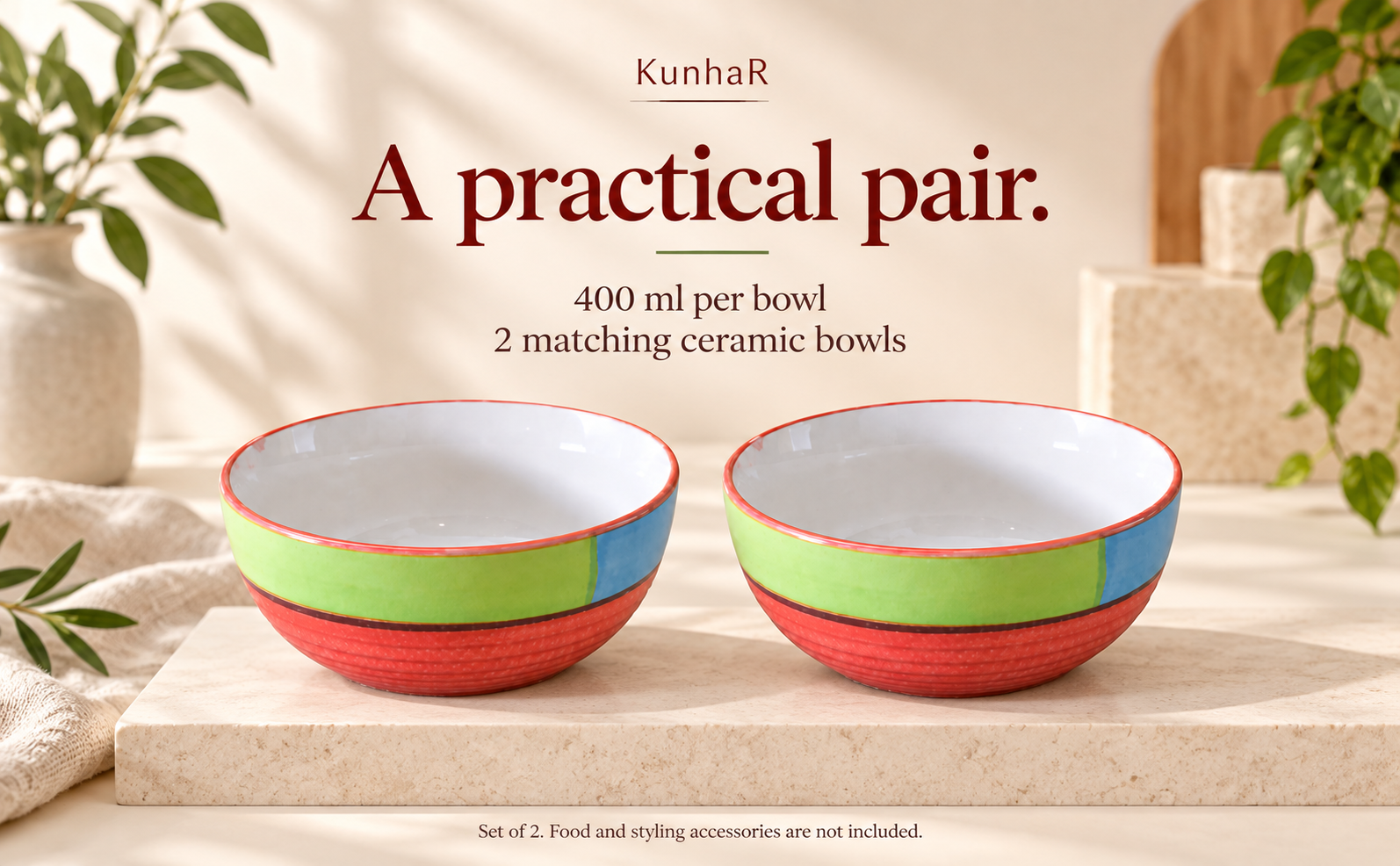 KunhaR Ceramic Serving Bowls, 400 ml Each, Set of 2, Red, Small Bowls for Soup, Rice, Curry, Snacks and Desserts — capacity